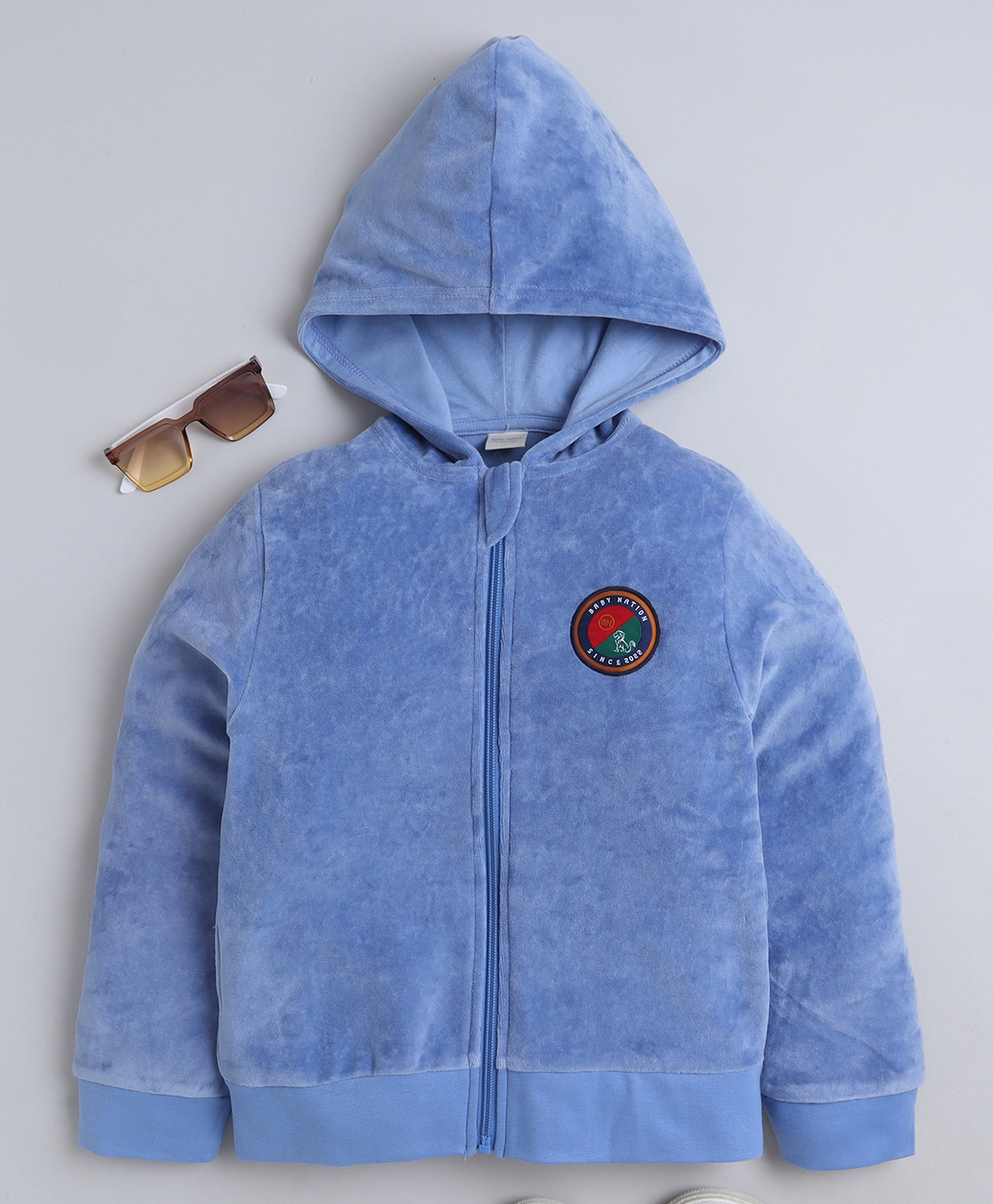 BABY NATION Cotton Fleece Knit Full Sleeves Patch Detailed Light Winter Hooded Sweatjacket - Blue-picture-13