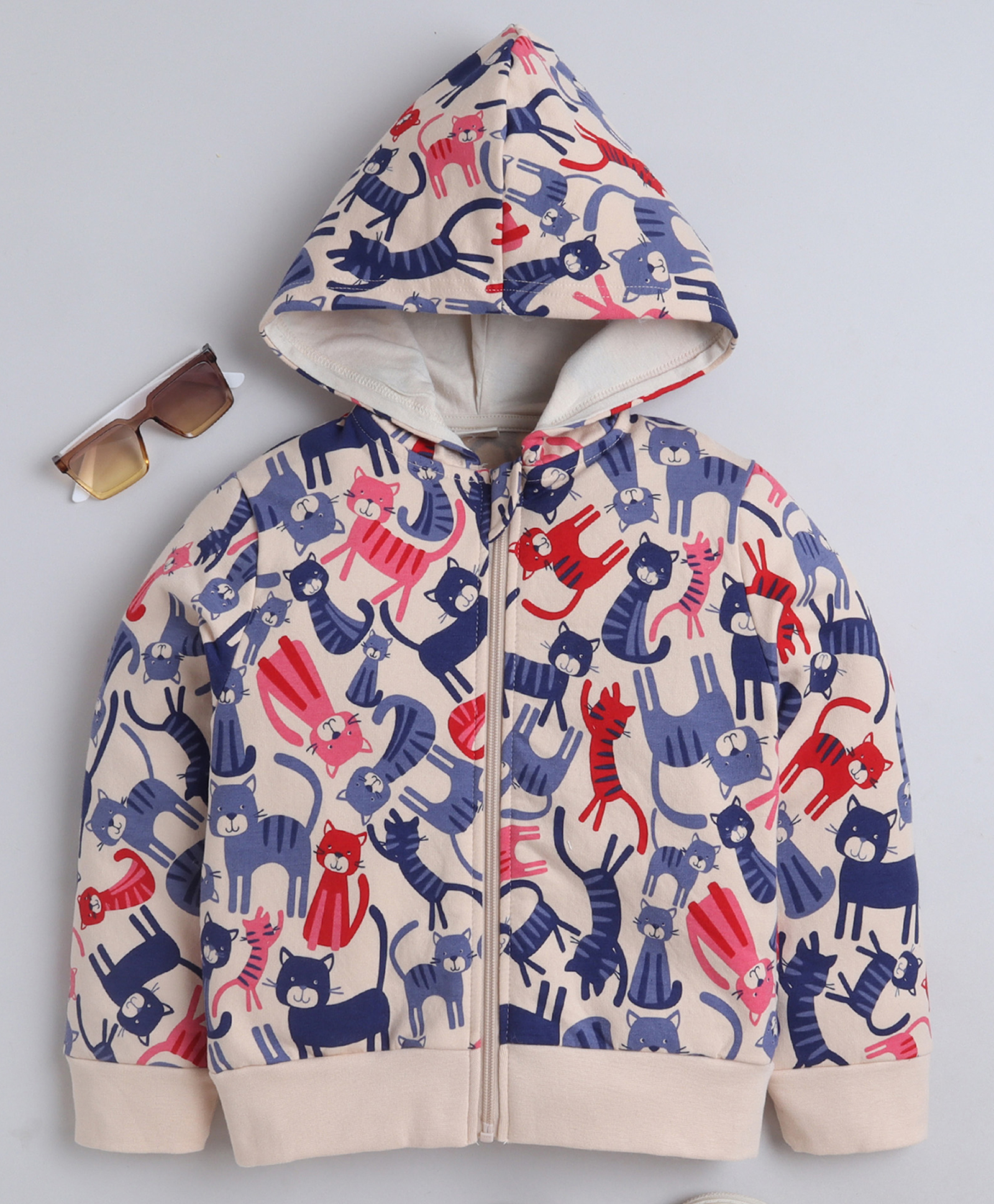 BABY NATION Cotton Fleece Knit Full Sleeves Cat Printed Light Winter Hooded Sweatjacket - Crème-picture-33