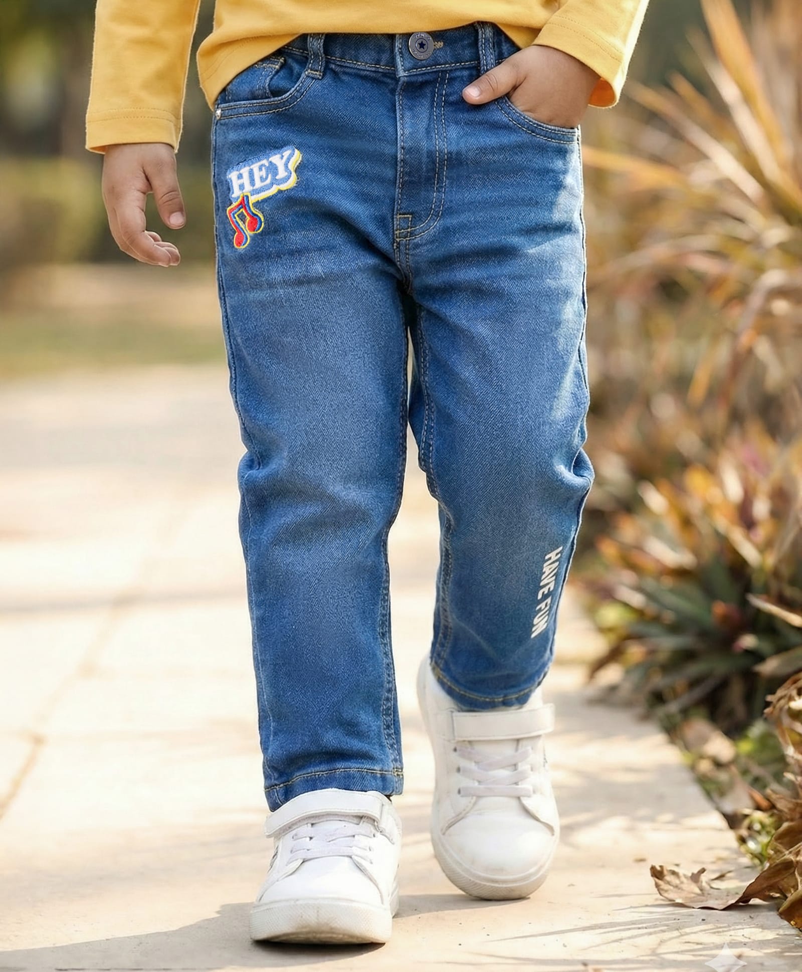 Babyhug Full Length Washed Denim Jeans With Text Print & Stretch - Blue-picture-36