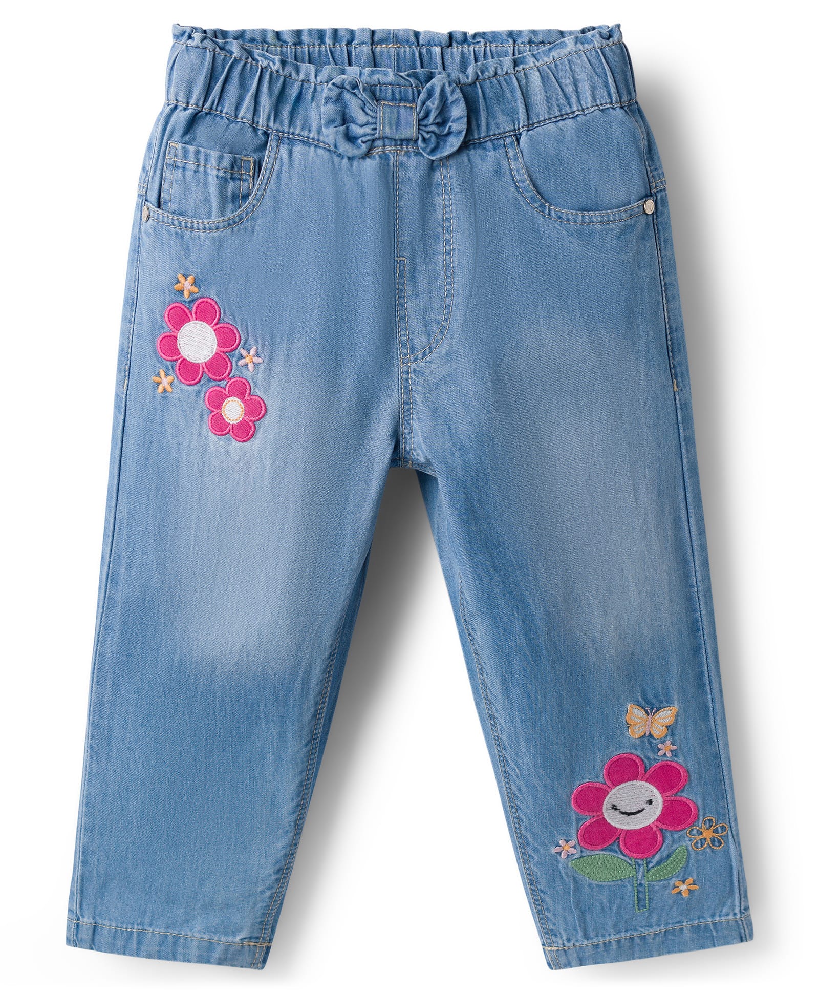 Babyhug Full Length Washed Denim Jeans With Floral Embroidery & Stretch - Light Blue