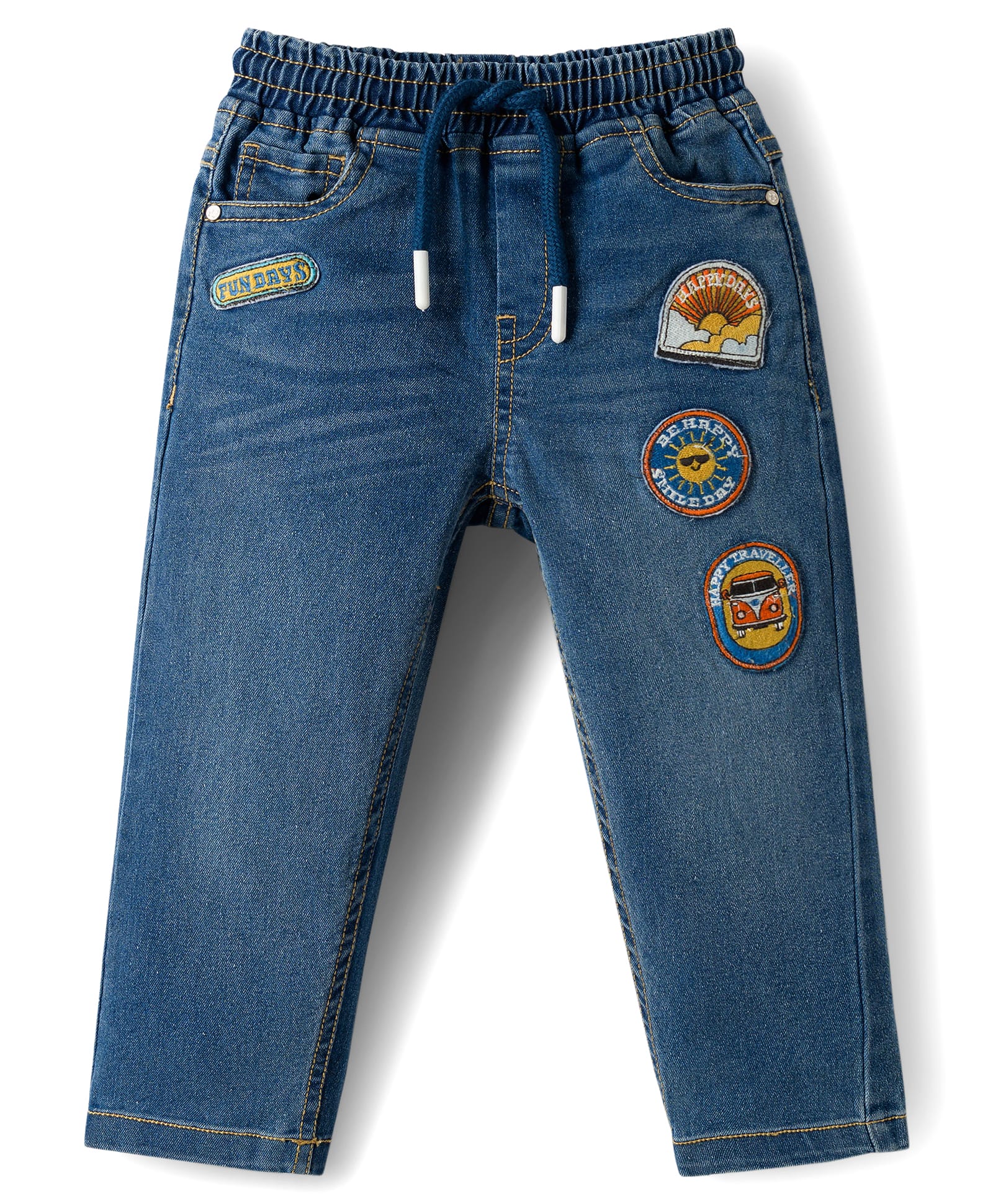 Babyhug Full Length Denim Jeans with Patch Detailing - Blue-image-28