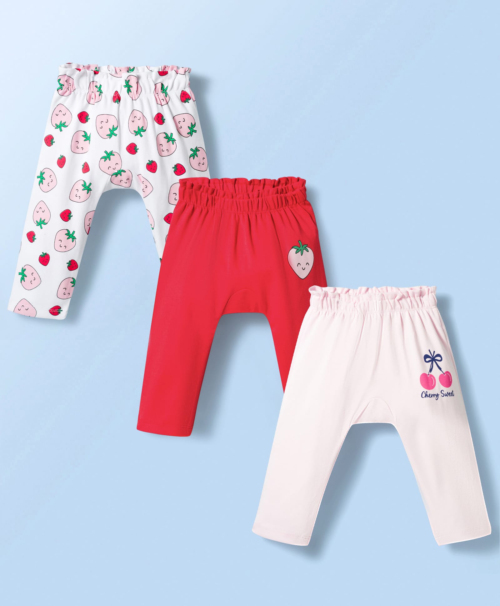 Doodle Poodle Cotton Knit Full Length Strawberry Printed Diaper Leggings Pack of 3 - Red Pink & White