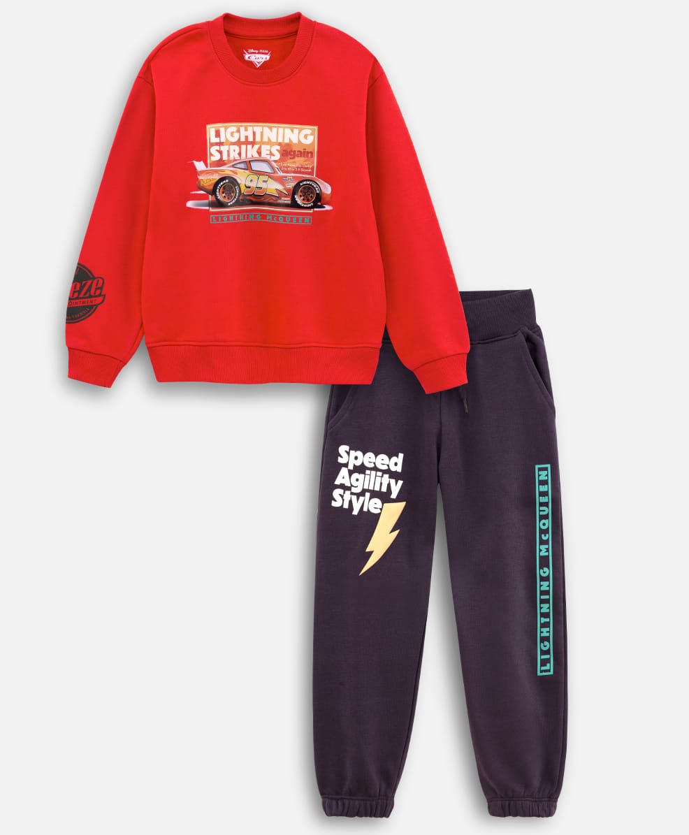 Nap Chief Cotton Blend Knit Lightning Mcqueen Featuring Full Sleeves Character Printed Winter Sweatshirt & Joggers Set - Red-picture-12