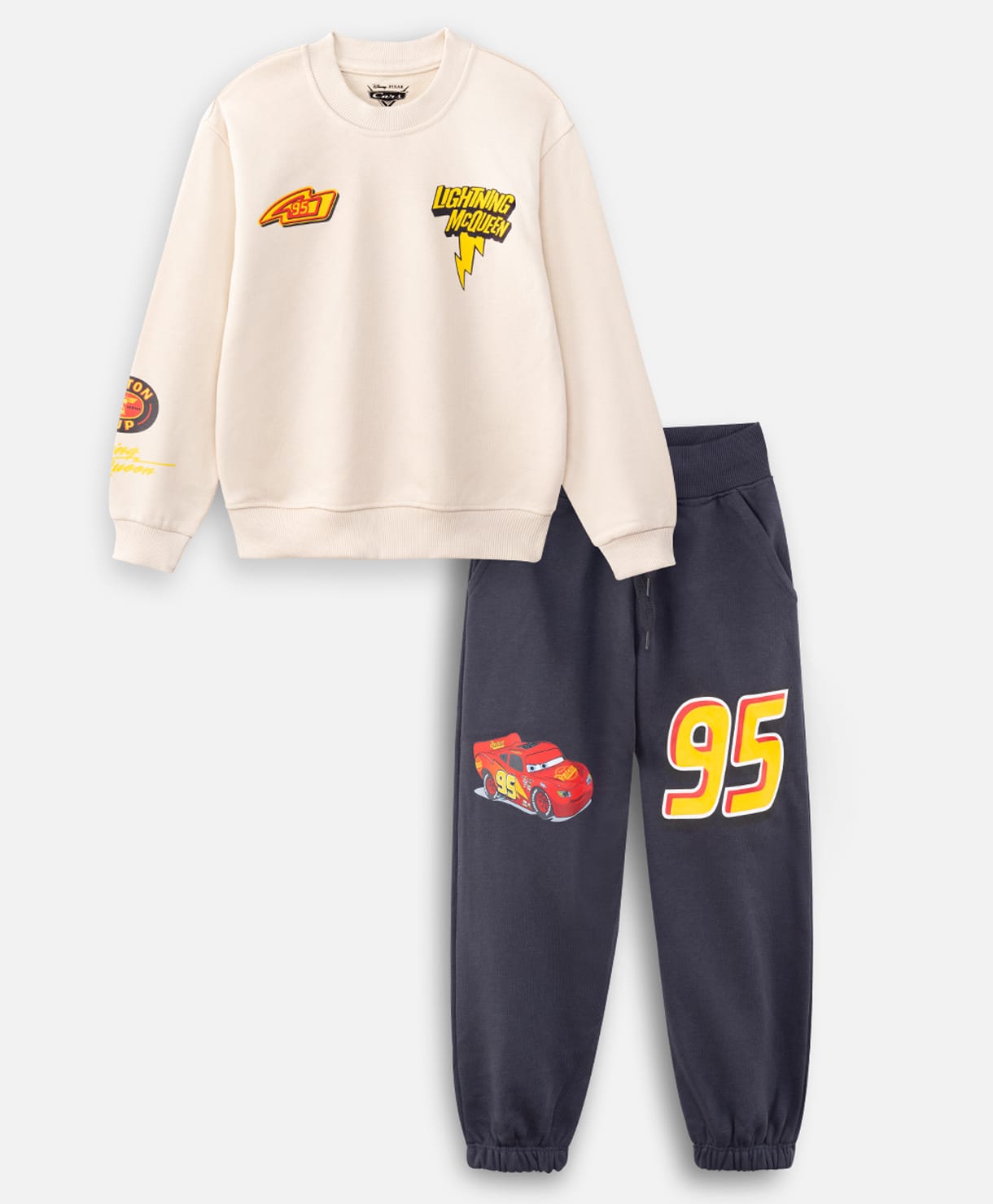 Nap Chief Cotton Blend Knit Lightning Mcqueen Featuring Full Sleeves Character Printed Winter Sweatshirt & Joggers Set - Off White-image-35