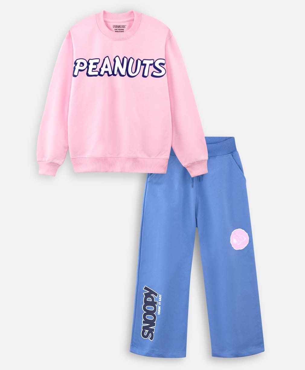 Nap Chief Cotton Blend Knit Peanuts Featuring Full Sleeves Snoopy Printed Winter Sweatshirt & Pant Set - Pink-image-12