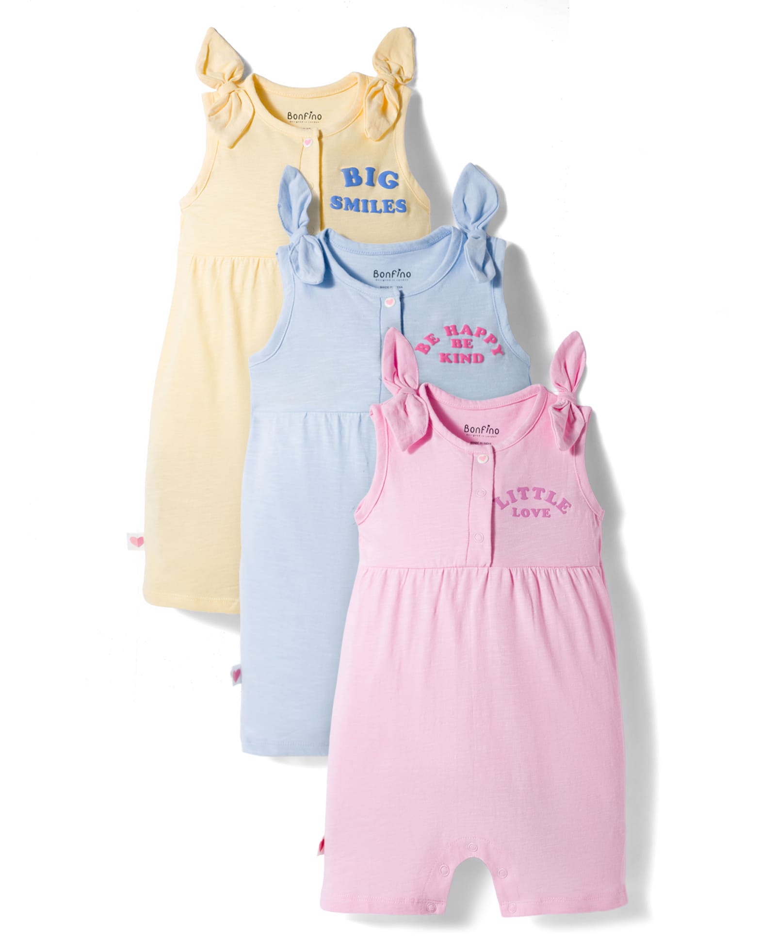 Bonfino 100% Cotton Knit Sleeveless Text Printed Rompers Pack of 3- Multicolour-image-23