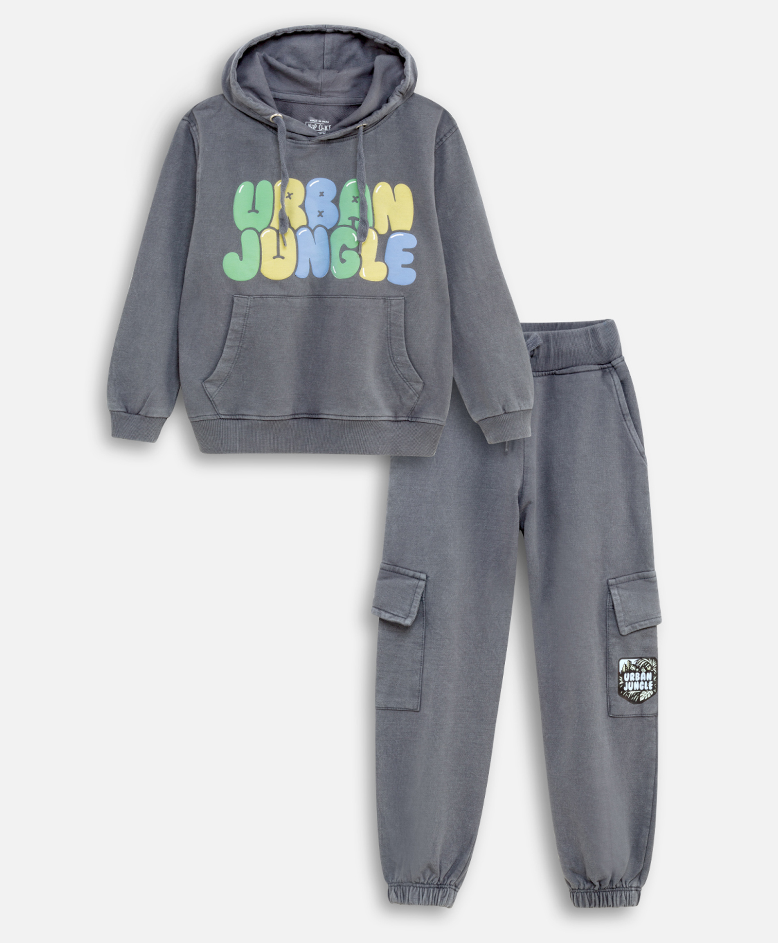 Nap Chief Pure Cotton Knit Full Sleeves Urban Jungle Text Printed Winter Hooded Sweatshirt & Joggers Set - Dark Grey-picture-26