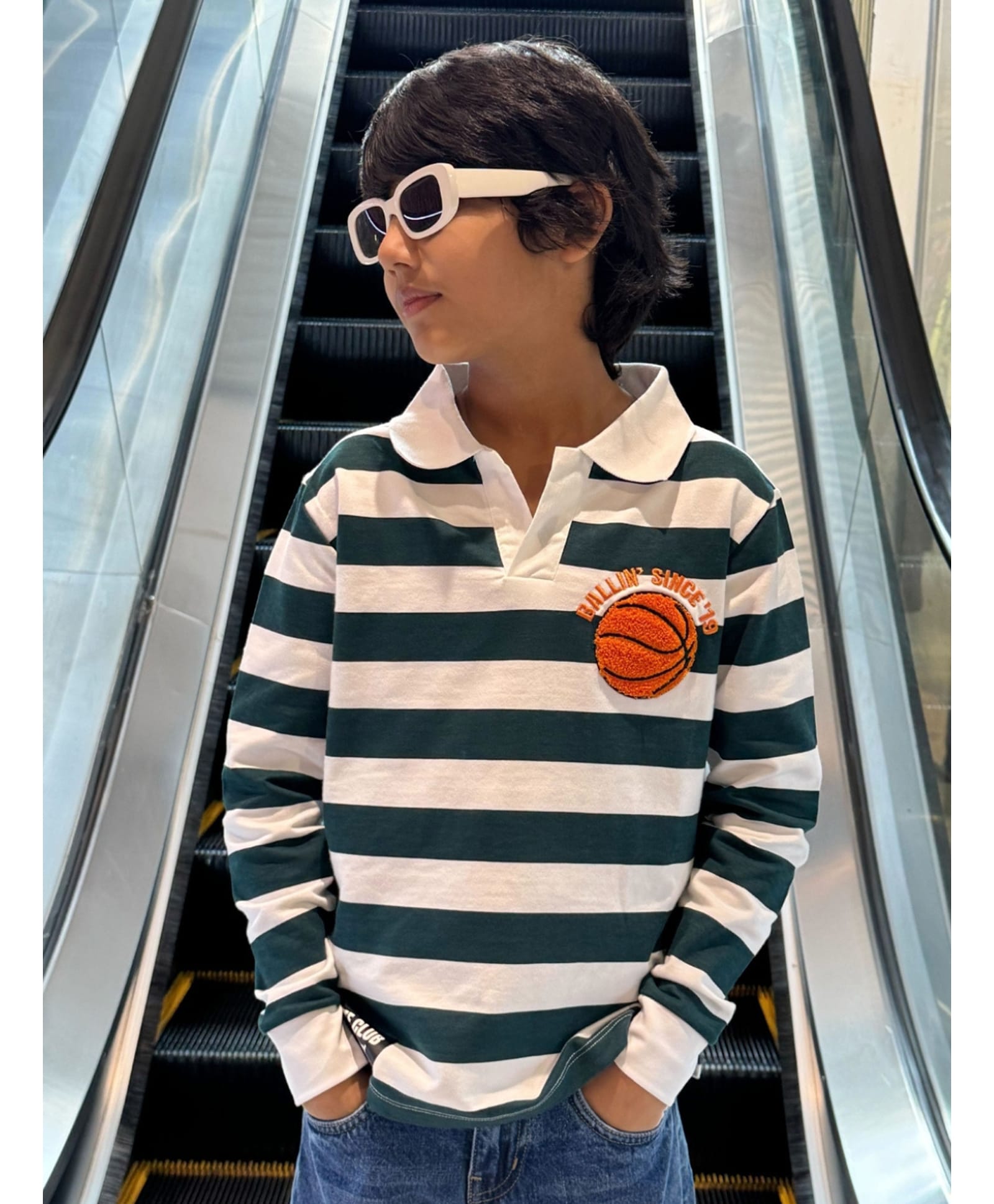 Nap Chief Pure Cotton Knit Full Sleeves Striped Basketball Patch Detailed Light Winter Sweatshirt - Green-picture-25