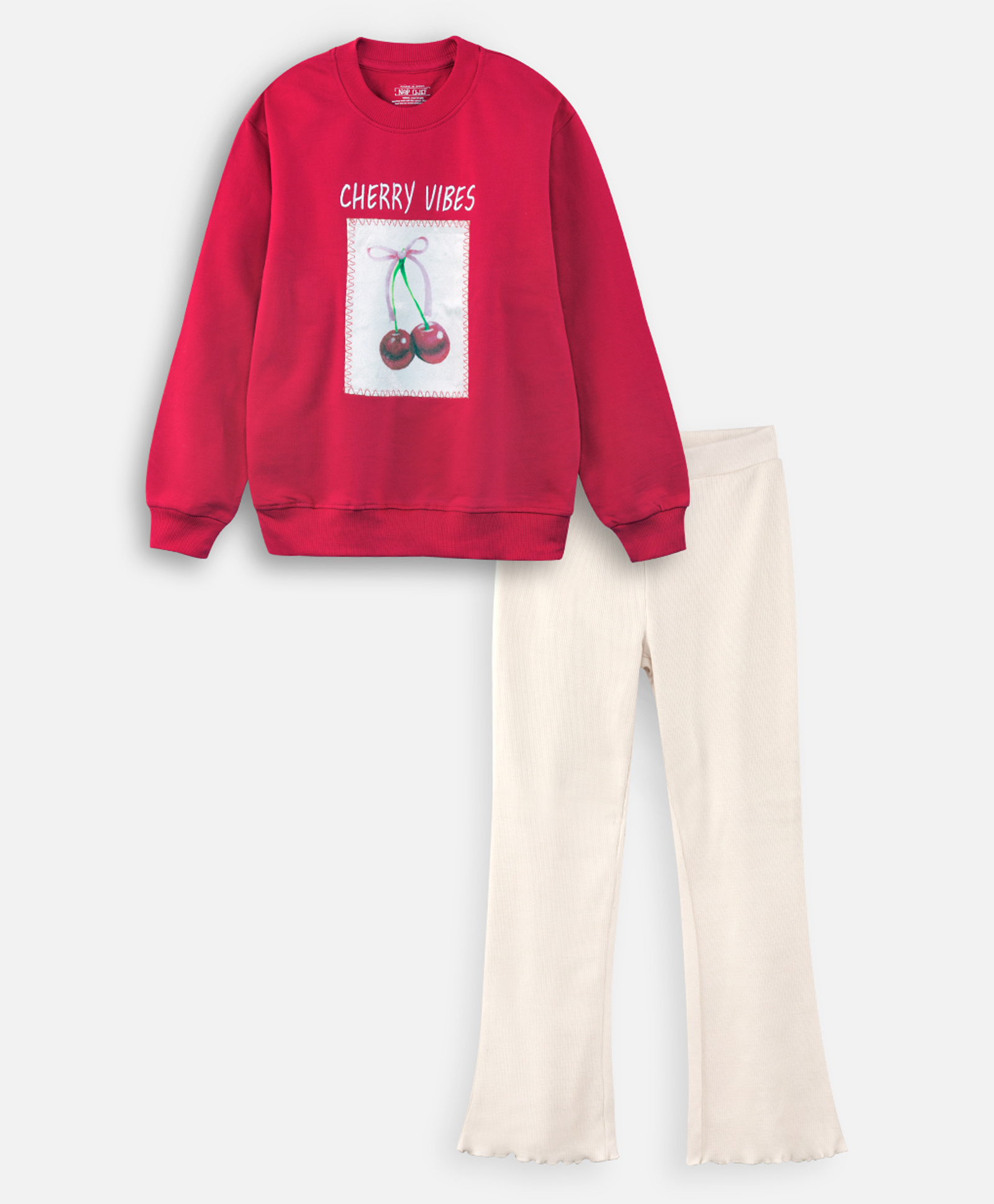 Nap Chief Pure Cotton Knit Full Sleeves Cherry Vibes Text Printed Winter Sweatshirt & Pants Set - Red-picture-23