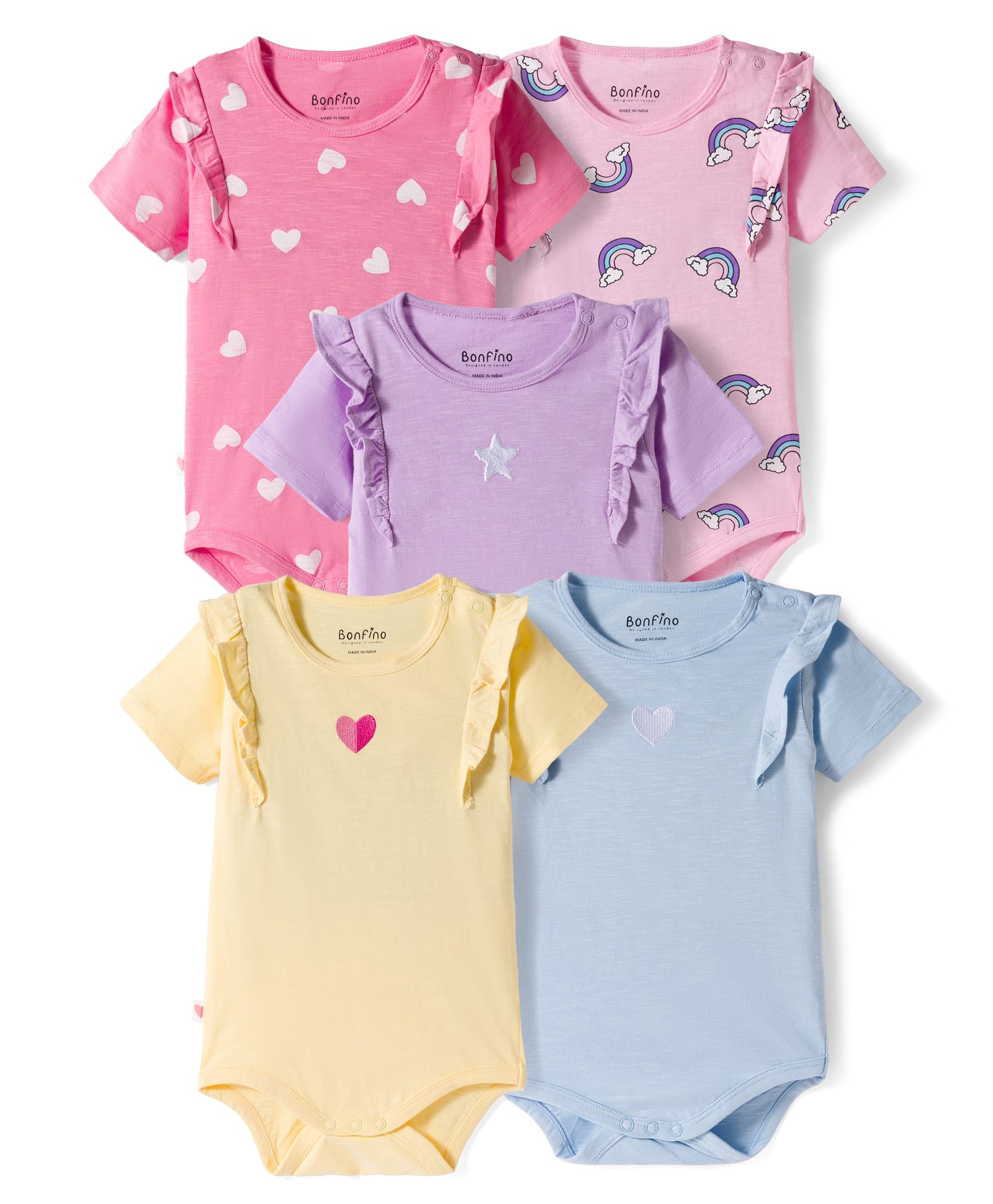 Bonfino 100% Cotton Knit Half Flutter Sleeves Rainbow Hearts Printed & Embroidered Onesies Pack of 5 - Multicolour-picture-37