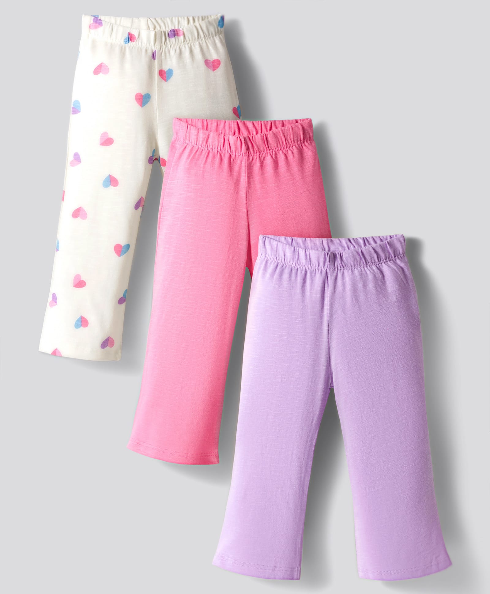 Bonfino 100% Cotton Knit Full Length Flare Leggings With Heart Print Pack Of 3 - White Pink & Purple-image-33