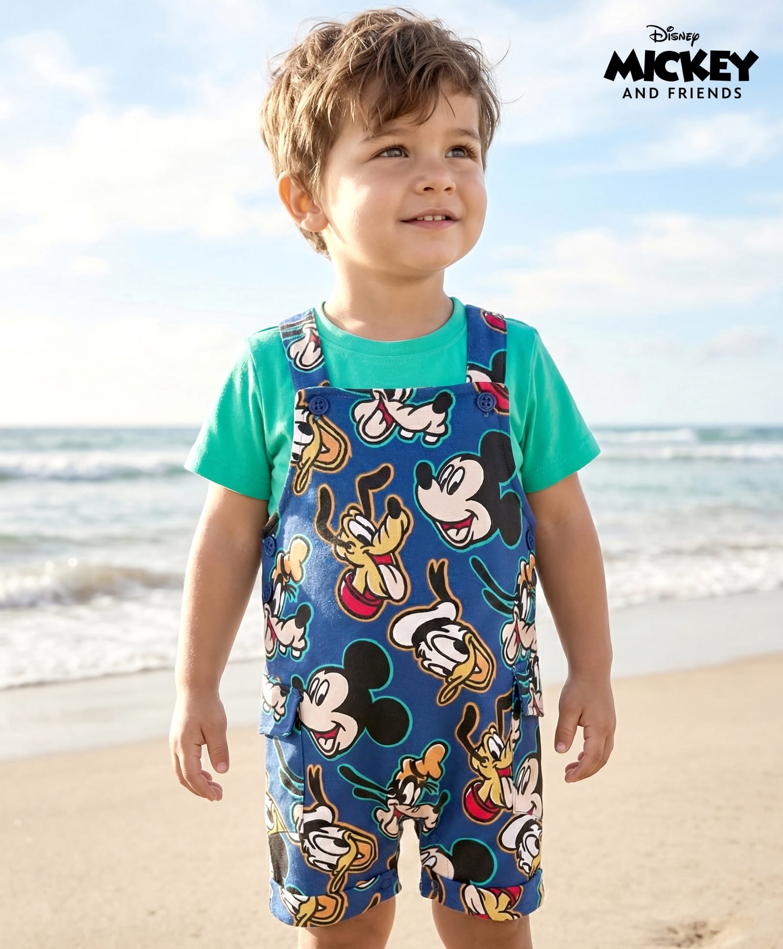 Babyhug Disney Cotton Knit Half Sleeves T-Shirt & Dungaree with Mickey Mouse Graphic - Blue-image-24