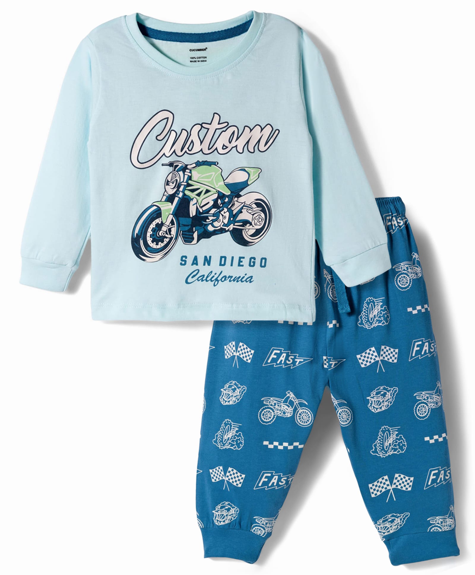 CUCUMBER Knit Full Sleeves T-Shirt & Joggers Set With Bike Print - Light Blue-picture-17