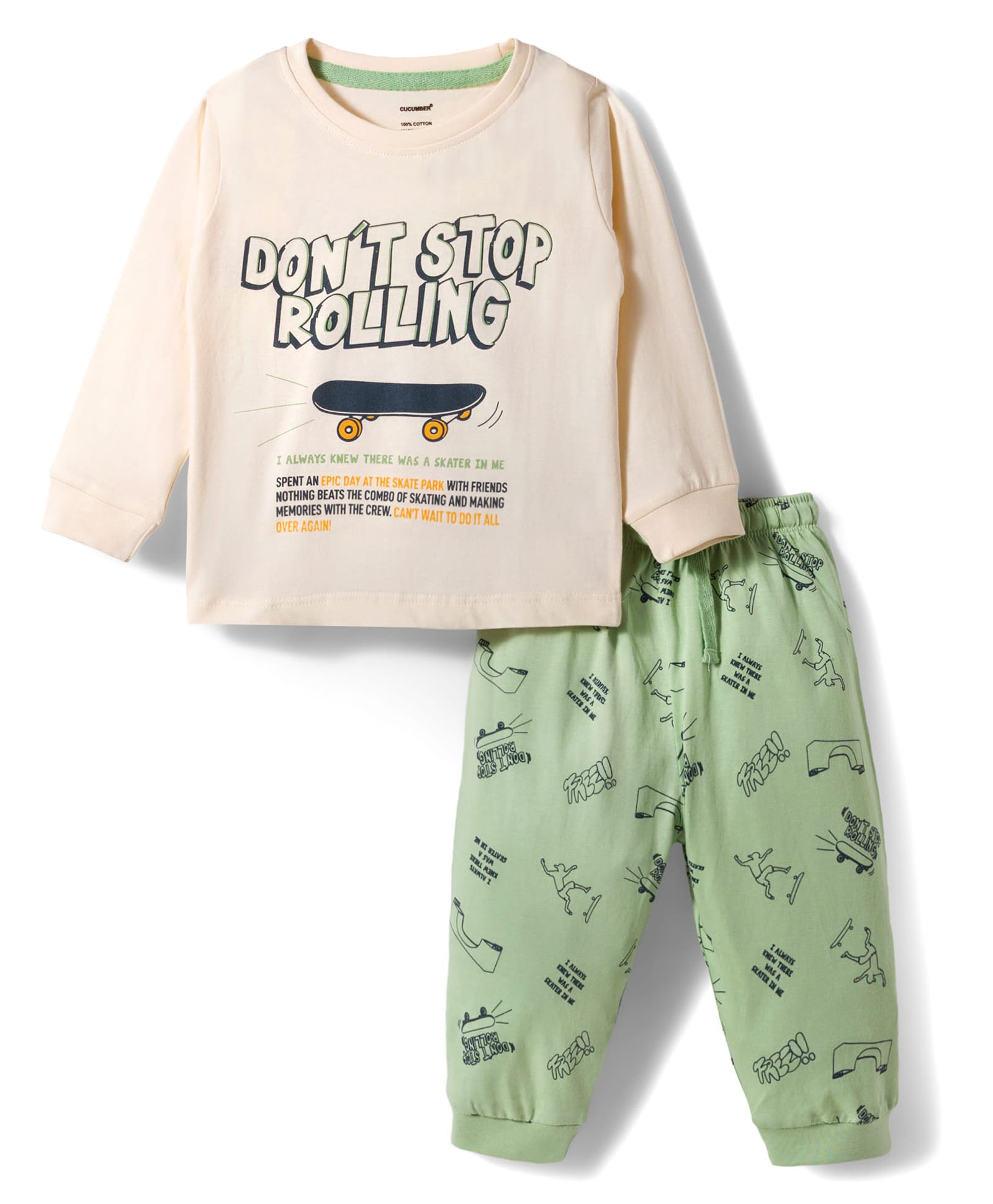 CUCUMBER Knit Full Sleeves T-Shirt & Joggers Set With Skateboarding Print - Cream-picture-19