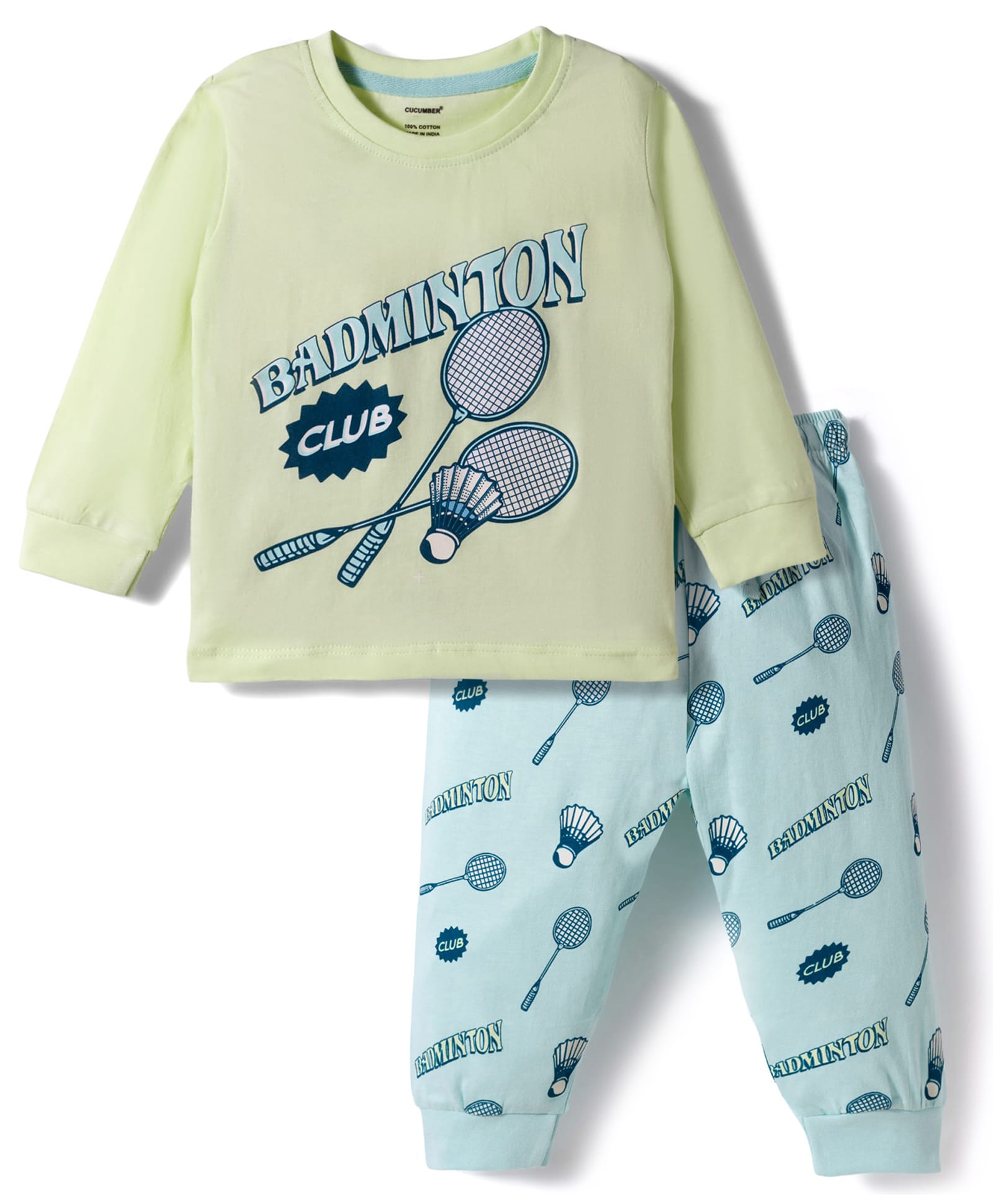 CUCUMBER Knit Full Sleeves T-Shirt & Joggers Set With Badminton Print - Light Green-image-26