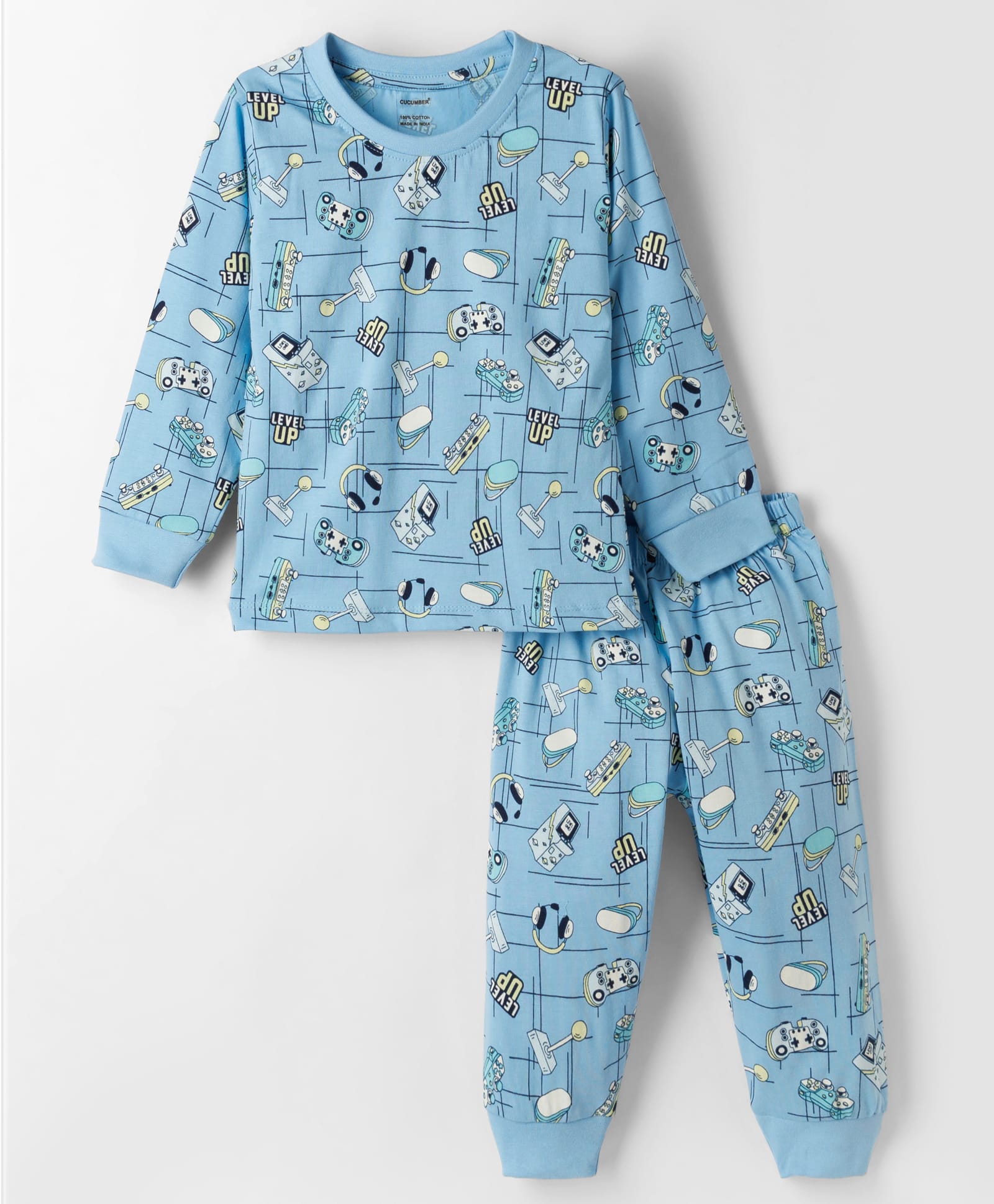 CUCUMBER Knit Full Sleeves T-Shirt & Joggers Co-ord Set With Gaming Print - Light Blue-image-10