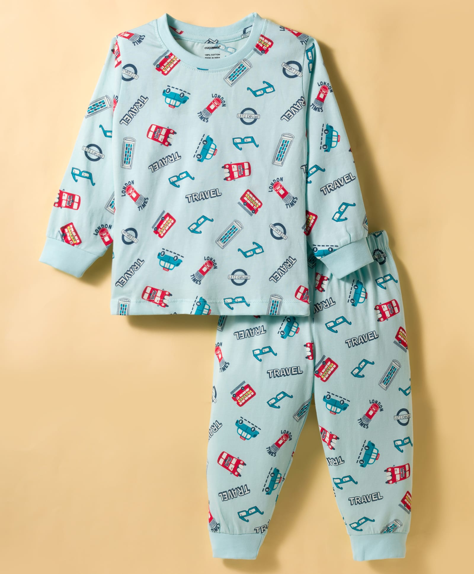 CUCUMBER Knit Full Sleeves T-Shirt & Joggers Co-ord Set With Bus & Car Print - Mint Green-image-3