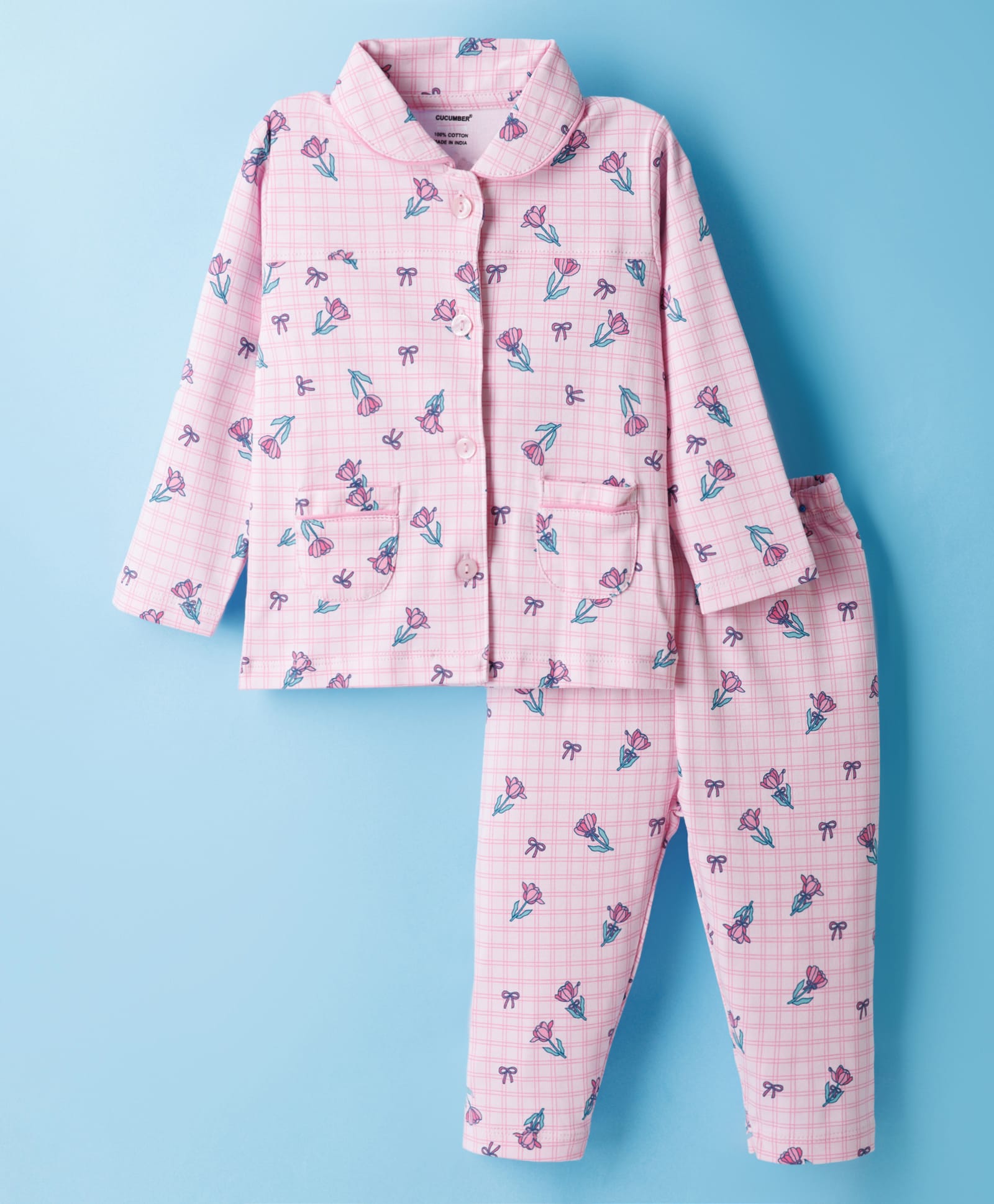 CUCUMBER Knit Full Sleeves Shirt & Pyjama Co-ord Night Suit With Floral Print - Pink-picture-48