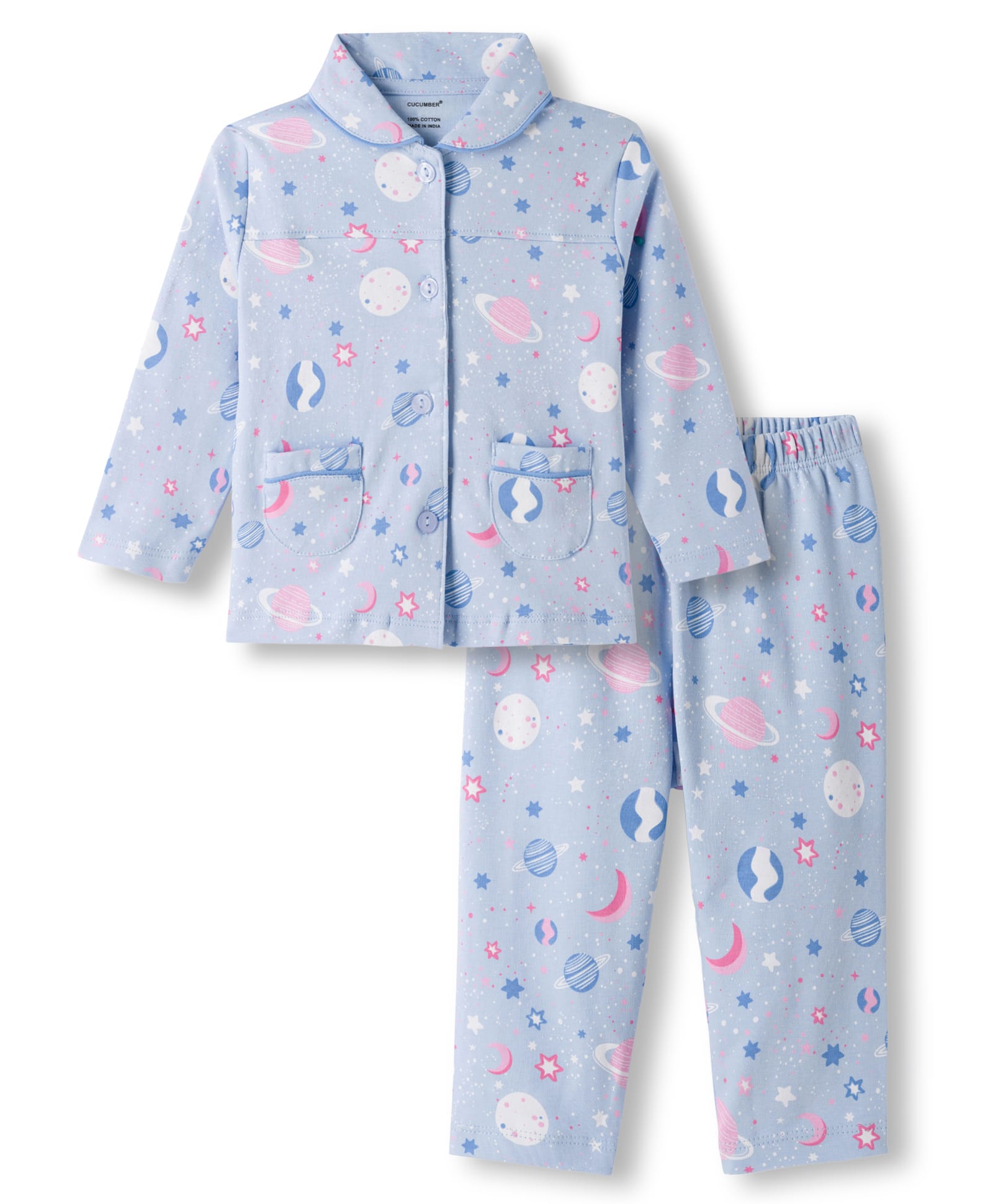 CUCUMBER Knit Full Sleeves Shirt & Pyjama Co-ord Night Suit With Space Theme Print - Light Blue-image-28