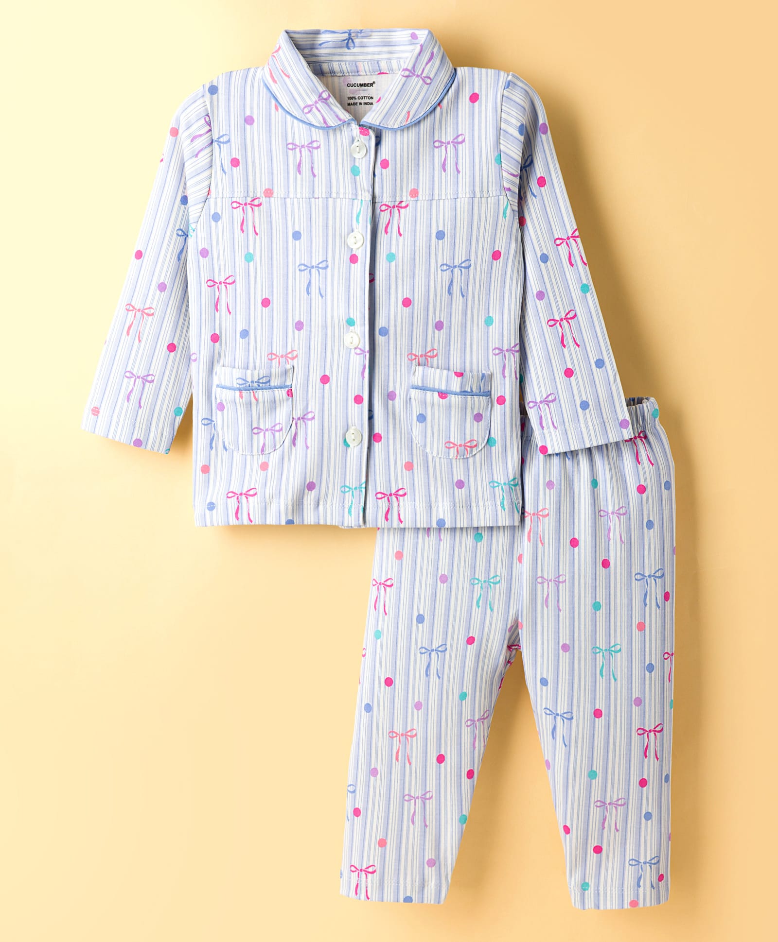 CUCUMBER Knit Full Sleeves Shirt & Pyjama Co-ord Night Suit With Polka Dot Print - White-picture-45