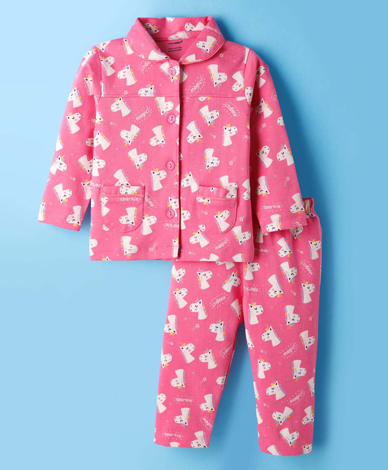 CUCUMBER Knit Full Sleeves Shirt & Pyjama Co-ord Night Suit With Unicorn Print - Pink-image-39
