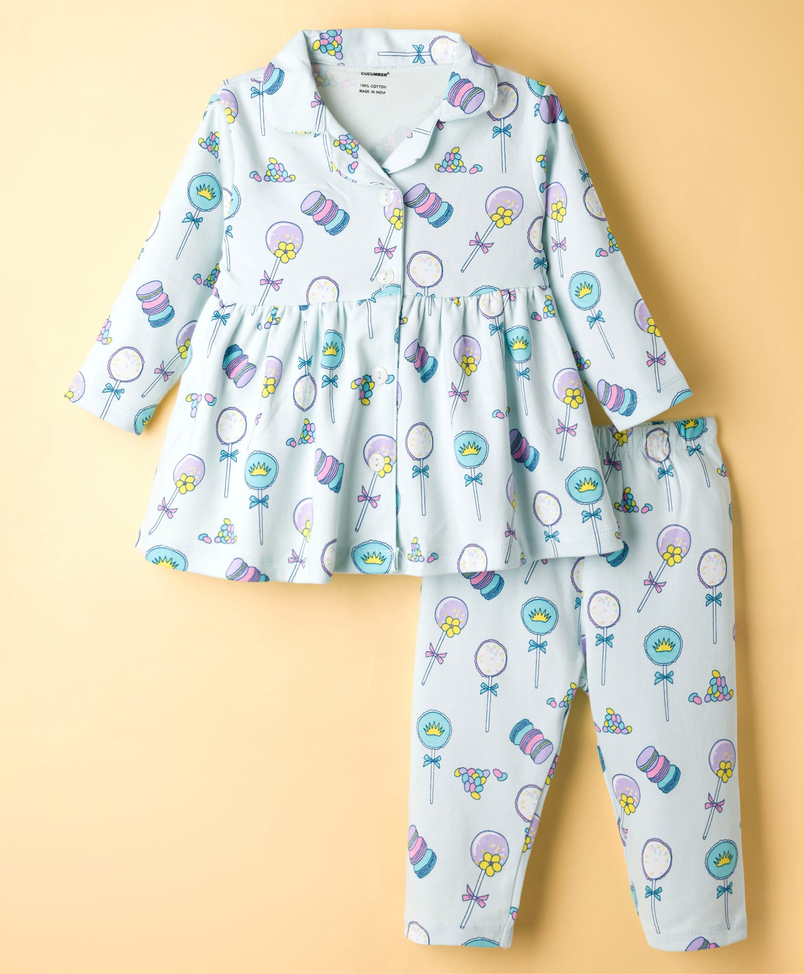 CUCUMBER Knit Full Sleeves Top & Pyjama Co-ord Night Suit With Balloon Print - Mint Green-picture-3