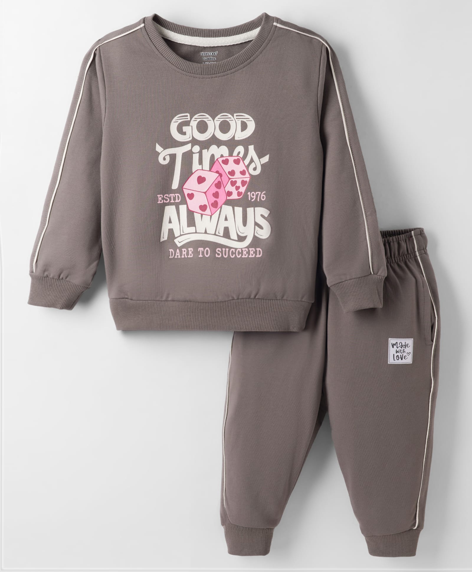 CUCUMBER Knit Full Sleeves T-Shirt & Joggers Set With Text Print - Grey-image-22