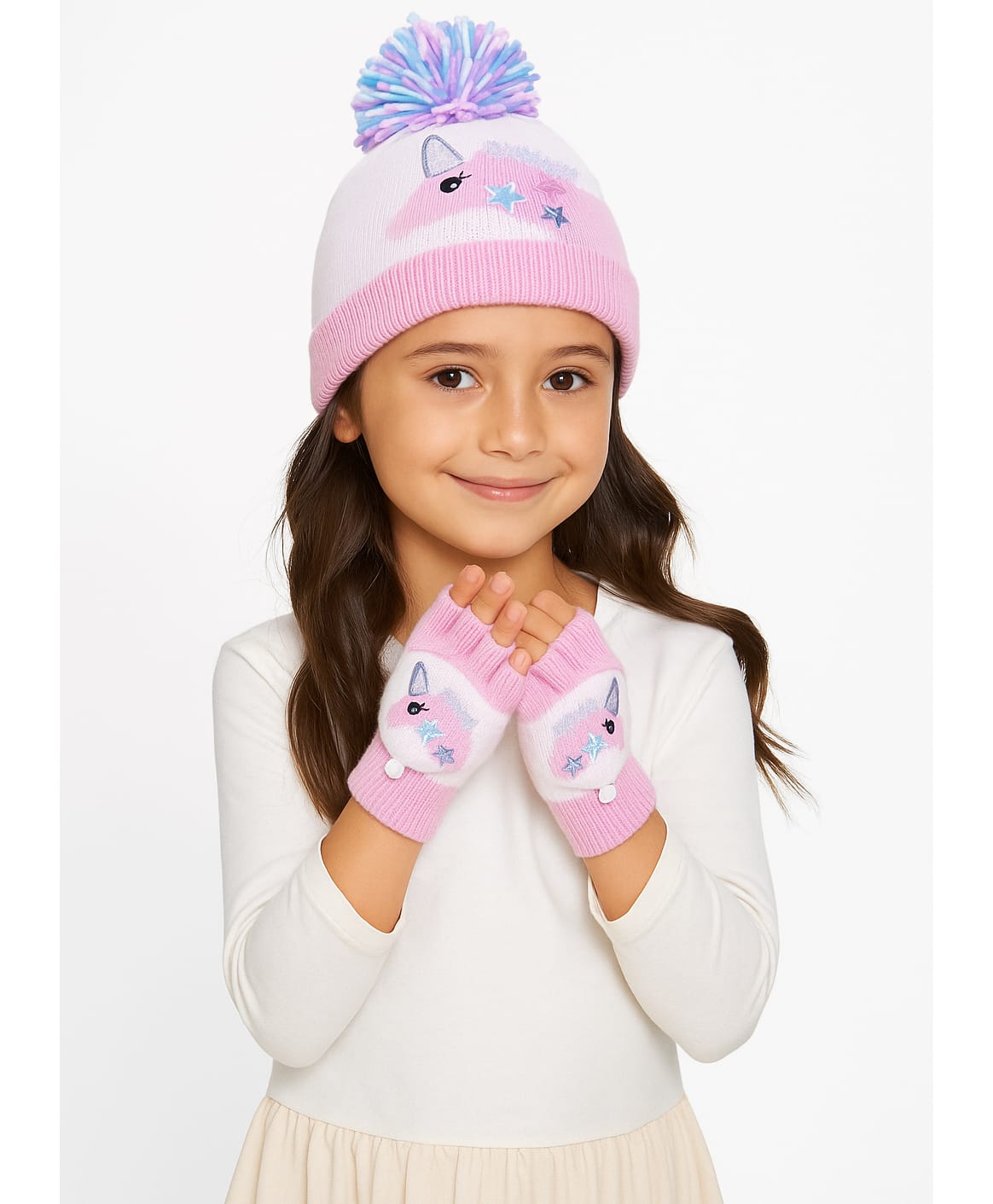 Tipy Tipy Tap Unicorn Designed Pom Pom Embellished Cap With Gloves - White & Pink-image-13
