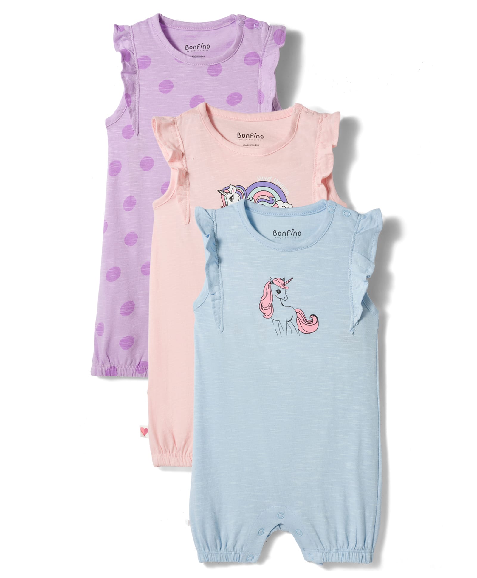 Bonfino 100% Cotton Knit Flutter Sleeves Romper with Polka Dots & Unicorn Print Pack of 3 - Blue Pink & Purple-image-32