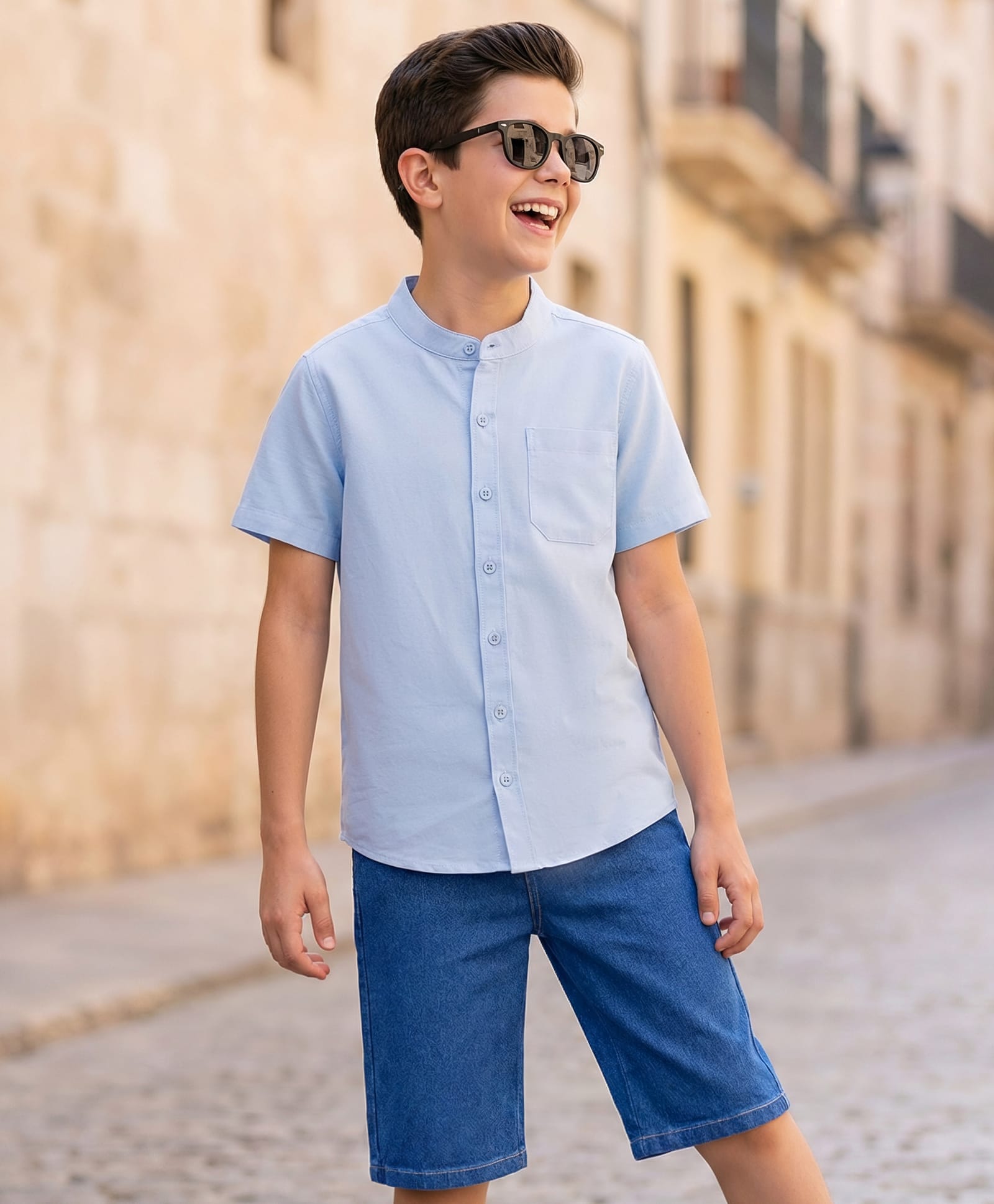 Pine Kids Cotton Woven Half Sleeves Solid Shirt & Denim Shorts Set - Blue-image-46