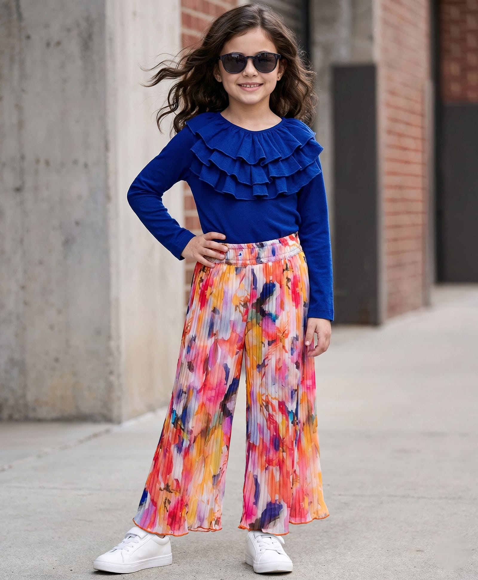 OLLINGTON ST. Cotton Knit Full Sleeves Top & Floral Printed Georgette Culottes Set - Multicolour