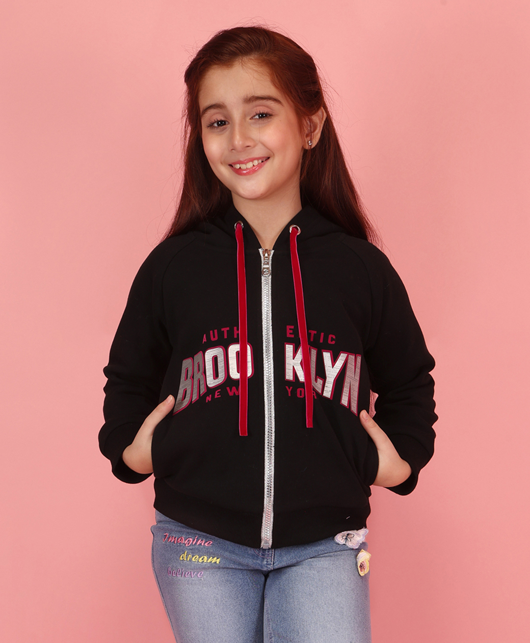 Cutecumber Fleece Knit Full Sleeves Brooklyn Text Printed Light Winter Hooded Sweatjacket - Black-image-18