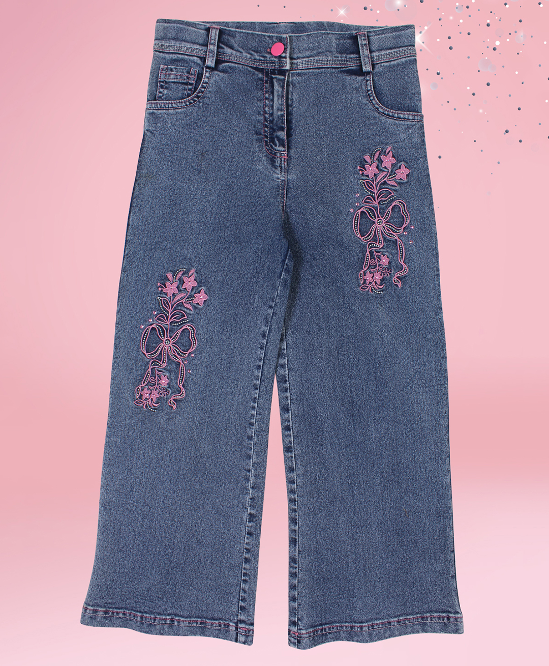 Cutecumber Denim Stone Embellished Floral Embroidered Jeans - Blue-image-27