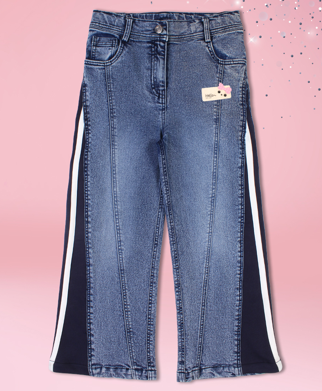 Cutecumber Cotton Woven Side Taped Mild Washed Wide Leg Jeans - Blue-image-6