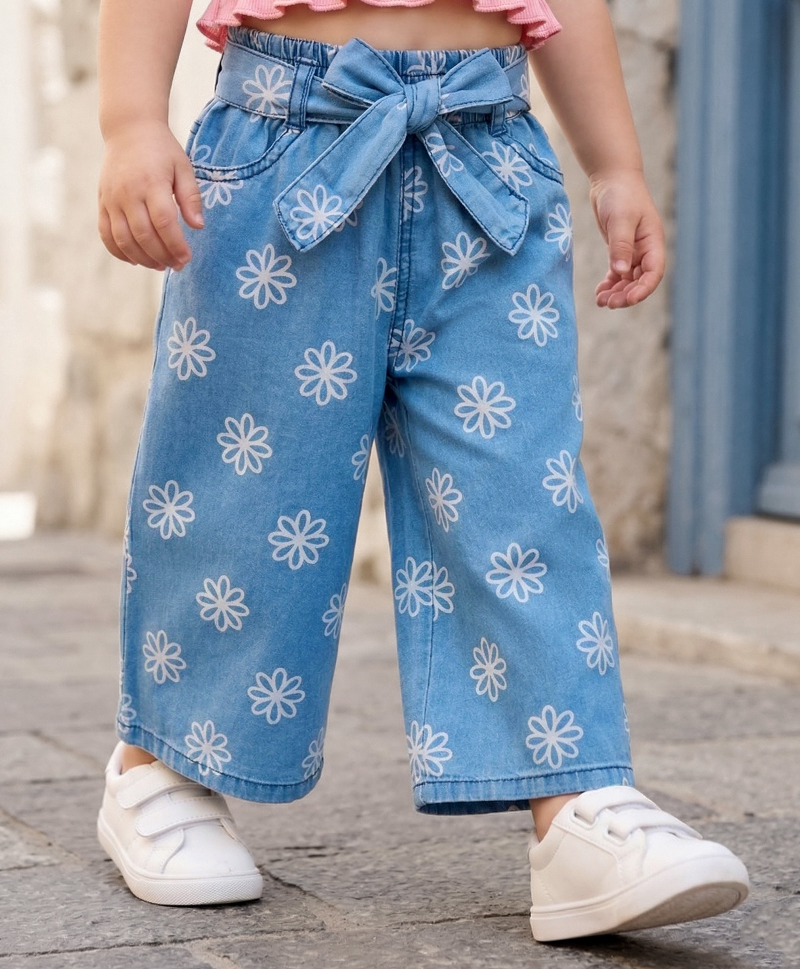 Babyhug Ankle Length Denim Culottes with Belt & Floral Print - Navy Blue-picture-17