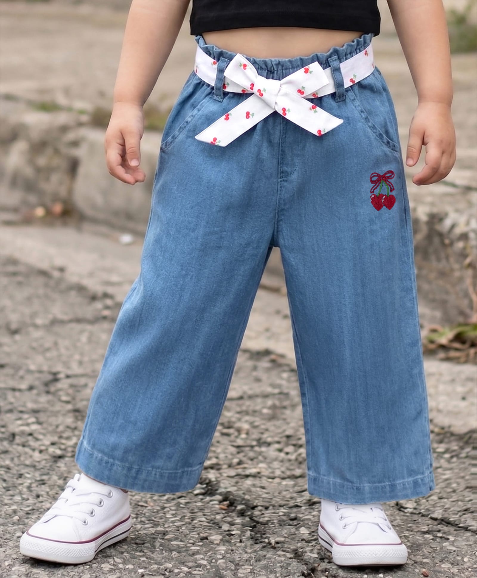 Babyhug Ankle Lenght Denim Culottes with Belt & Cherry Embroidery - Blue-picture-25