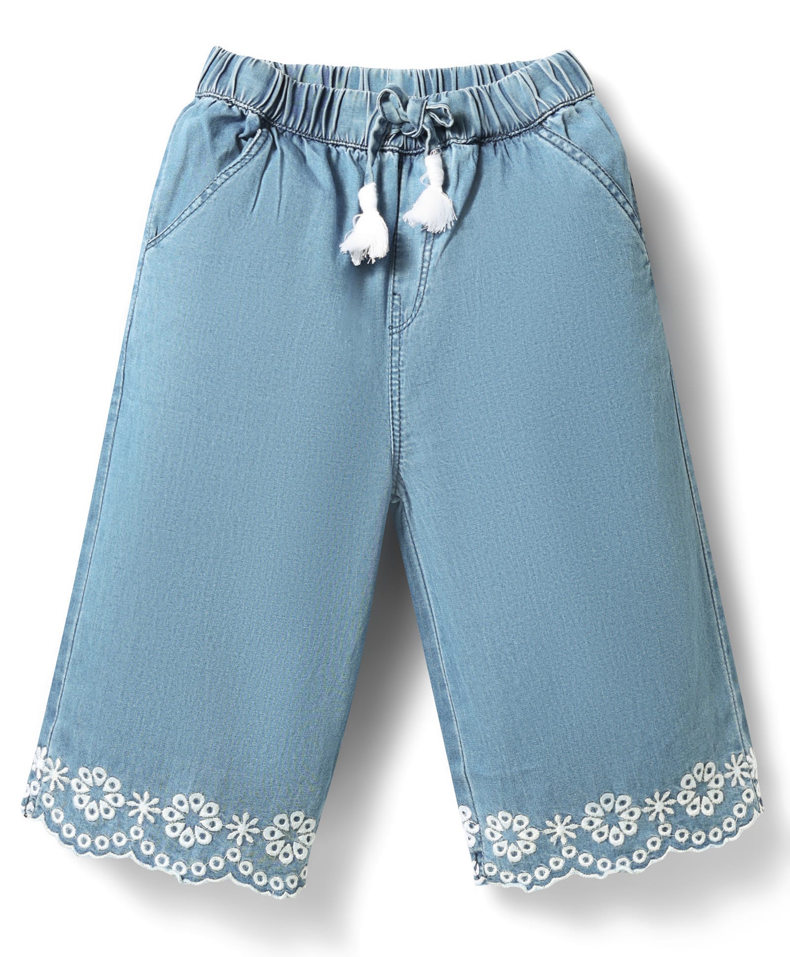 Babyhug Denim Cotton Ankle Length Washed & Floral Embroidered Jeans - Light Blue-image-45