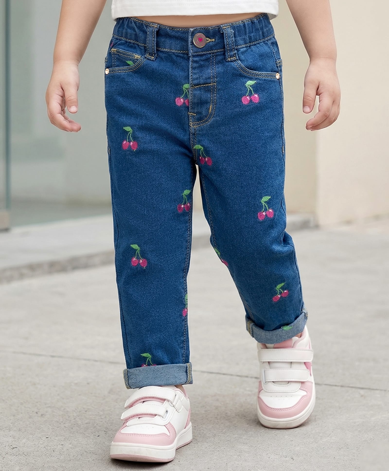Babyhug Full Length Washed Cherry Embroidered Denim Jeans with Stretch - Blue-picture-26