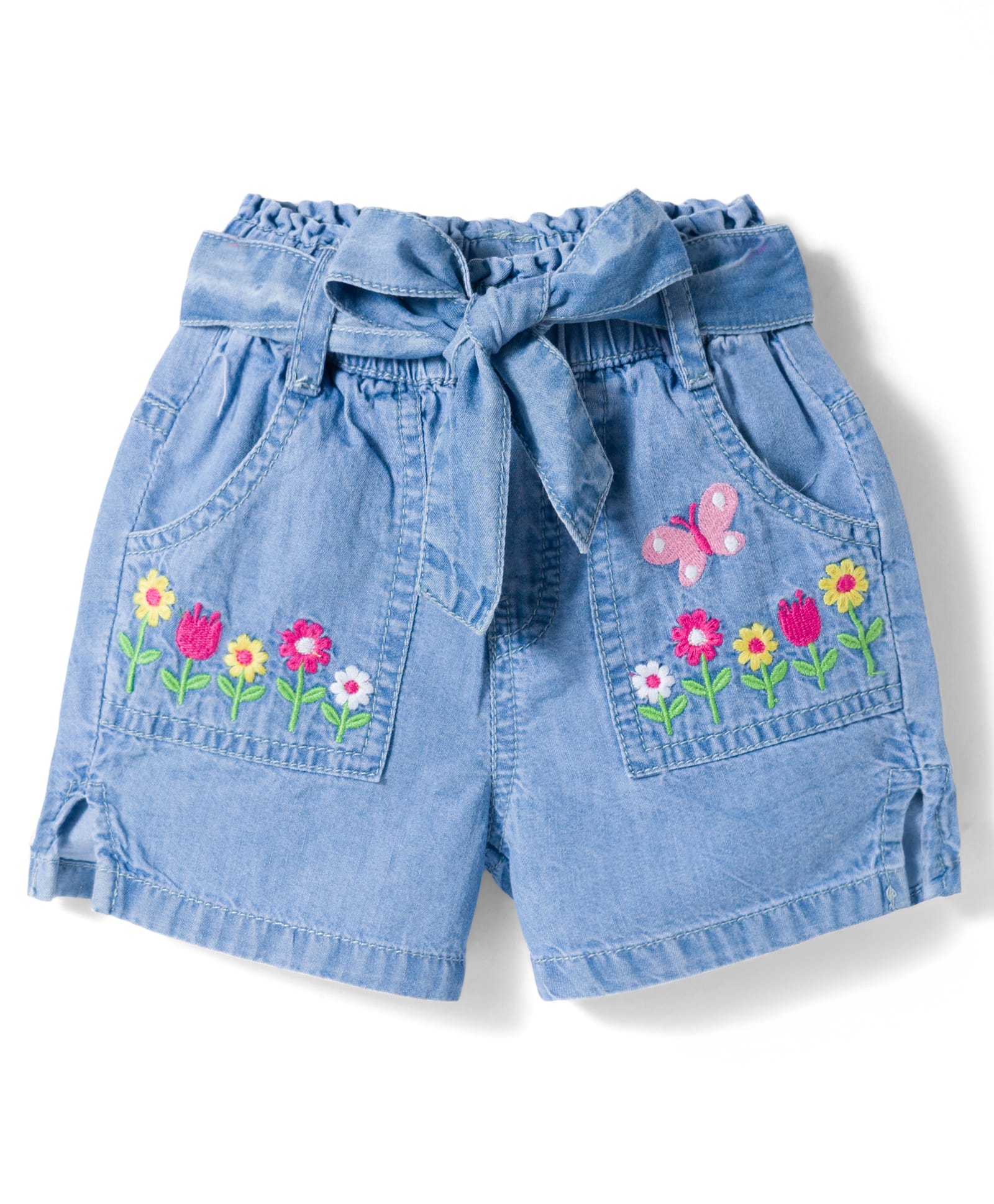 Babyhug Cotton Mid Thigh Length Washed Denim Shorts with Belt & Floral Embroidery - Blue-picture-16