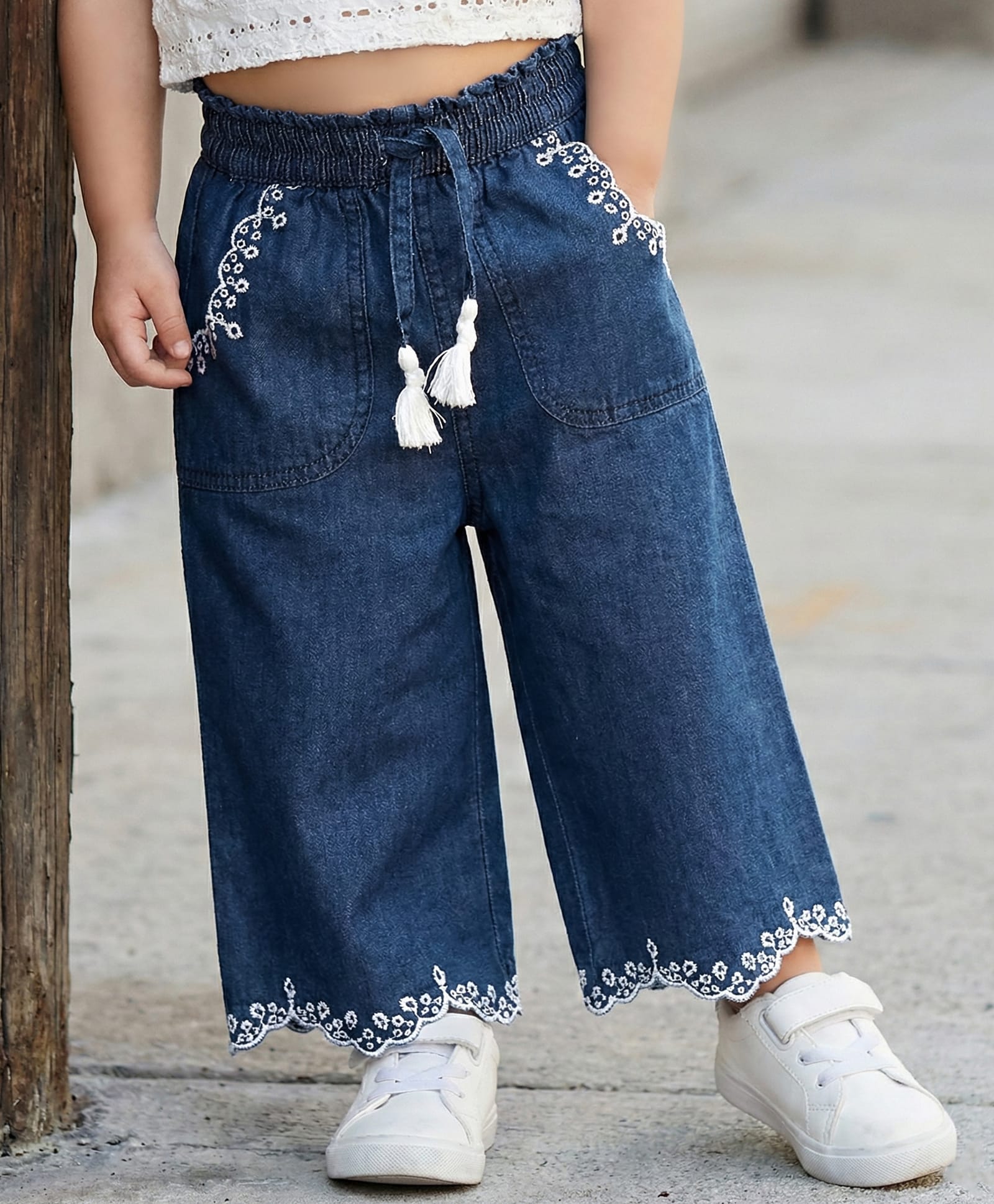 Babyhug Full Length Cotton Denim Palazzo with Embroidery - Navy Blue