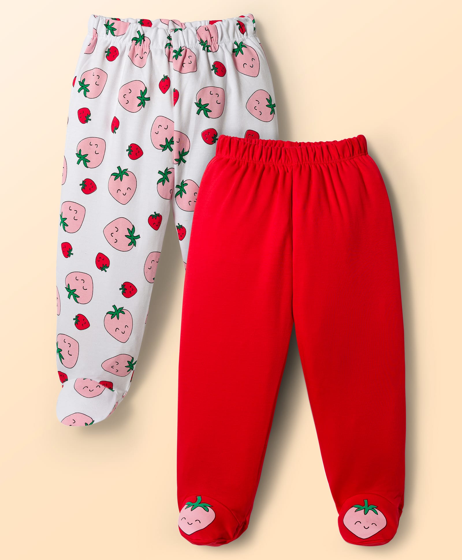 Doodle Poodle 100% Cotton Knit Full Length Strawberry Printed Bootie Leggings Pack Of 2 - White & red