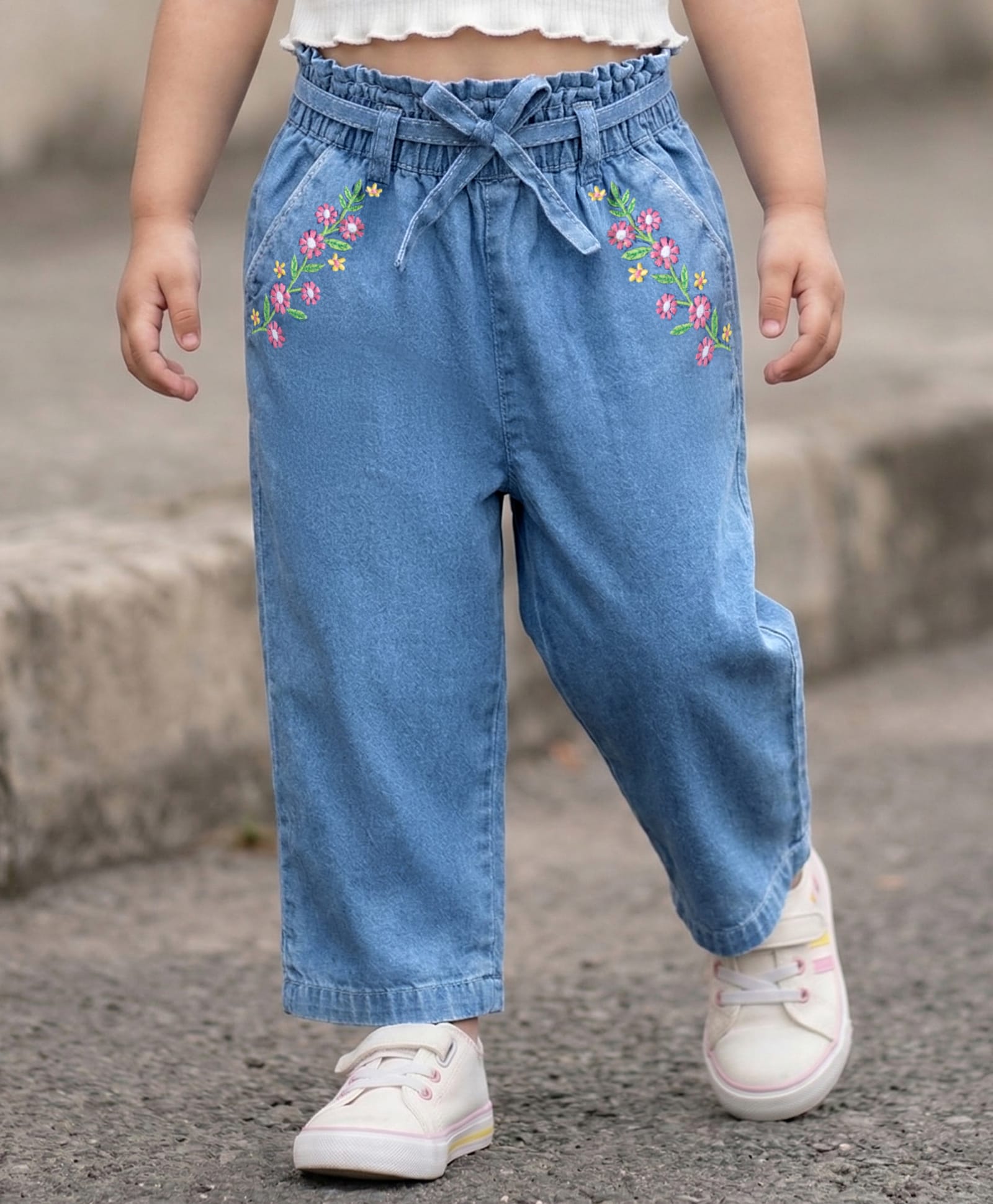 Babyhug Ankle Length Denim Culottes with Belt & Floral Embroidery - Light Blue-image-26