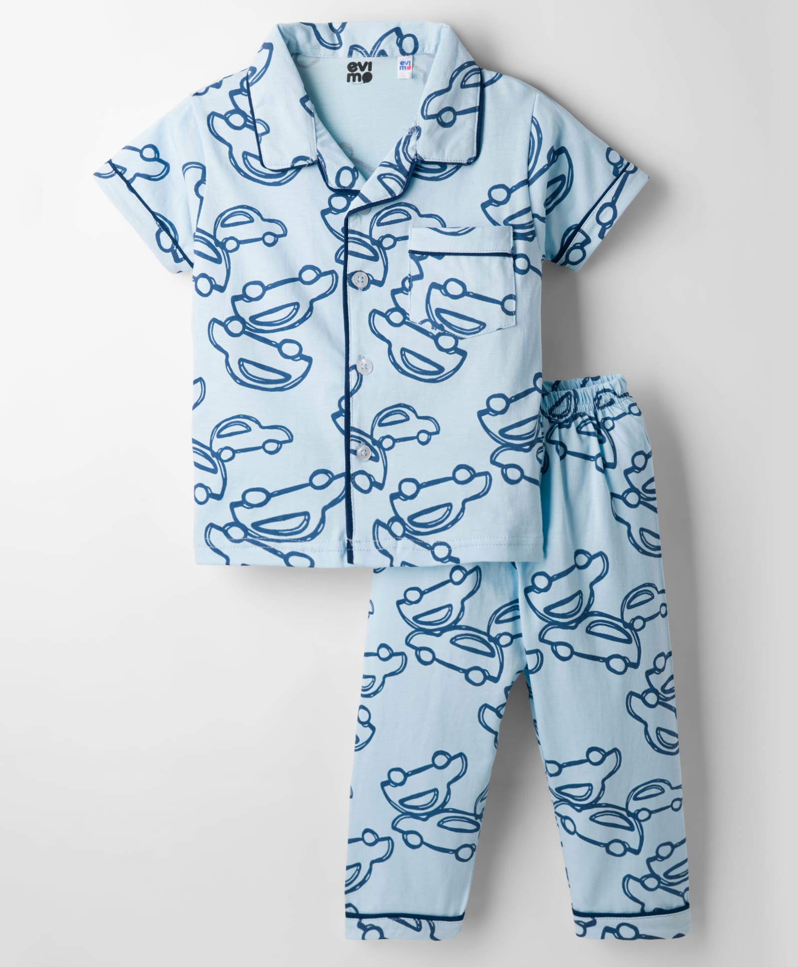 Evimo Single Jersey Knit Half Sleeves Co-ords Night Suit With Vehicle Print - Light Blue-picture-11