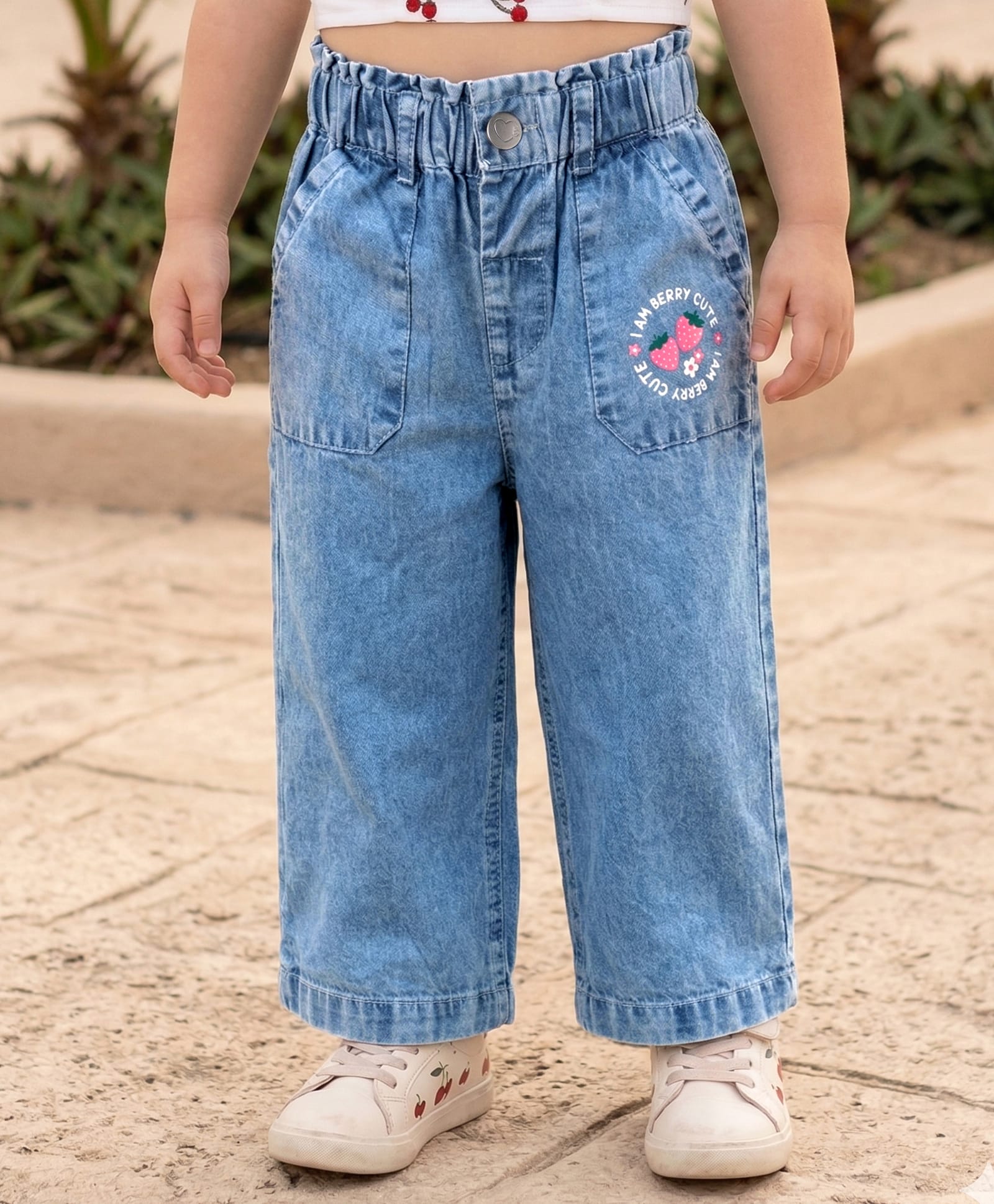 Babyhug Ankle Length Washed Denim Culotte Jeans with Strawberry Print - Blue-picture-22