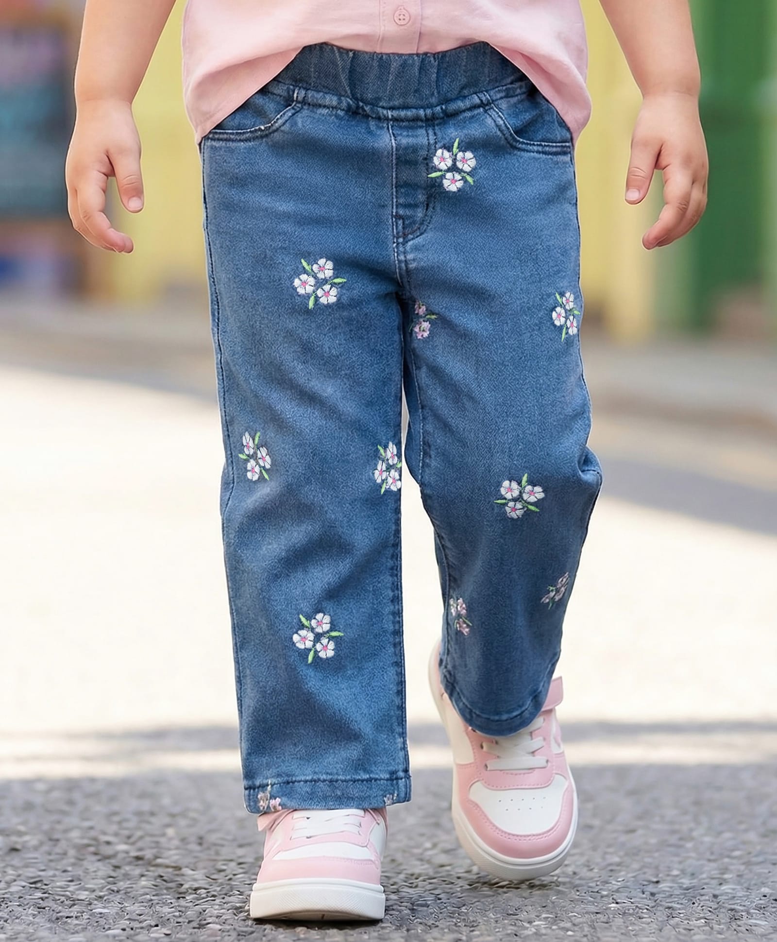 Babyhug Full Length Washed Denim Jeans With Floral Embroidery & Stretch - Navy Blue