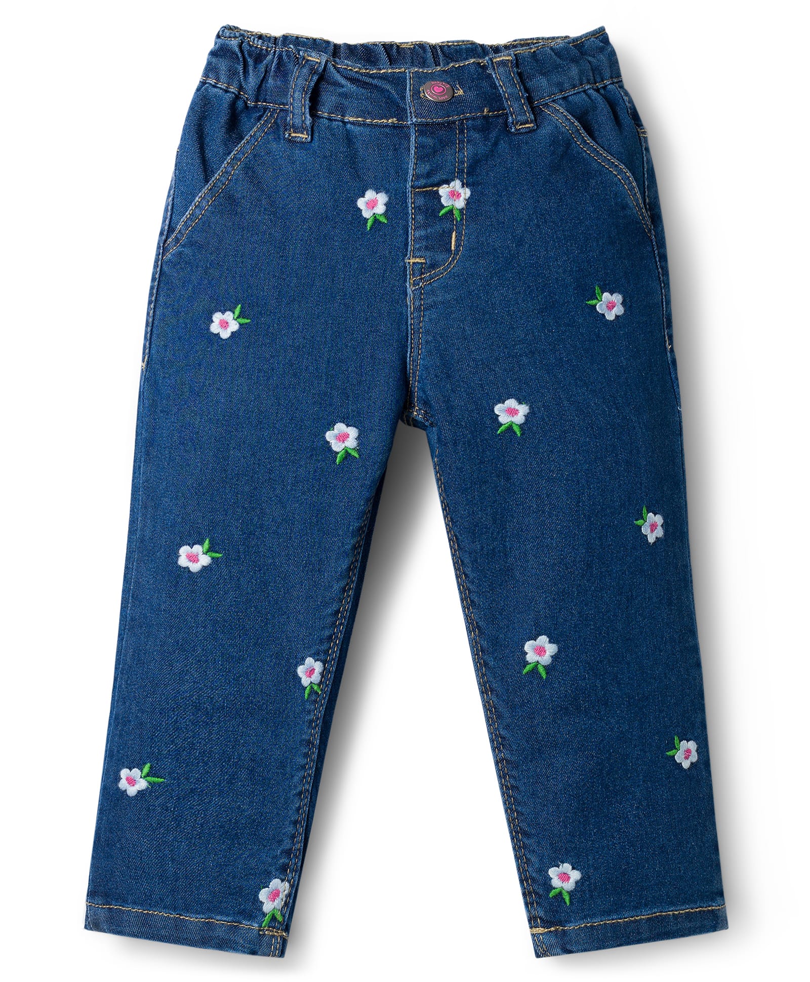 Babyhug Full Length Denim Jeans with Stretch & Floral Embroidery - Navy Blue-picture-11