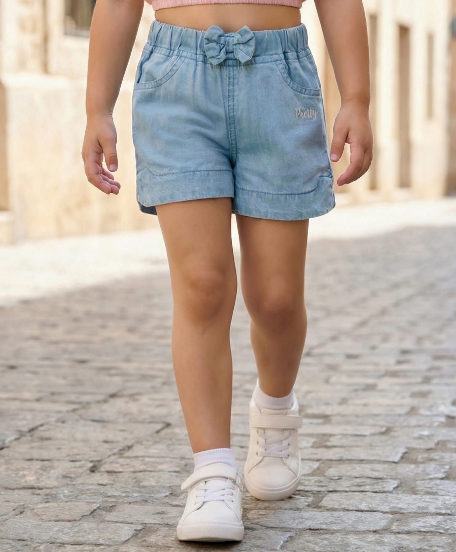 Babyhug Mid Thigh Washed Denim Shorts With Pretty Embroidery & Bow Applique - Blue-image-1