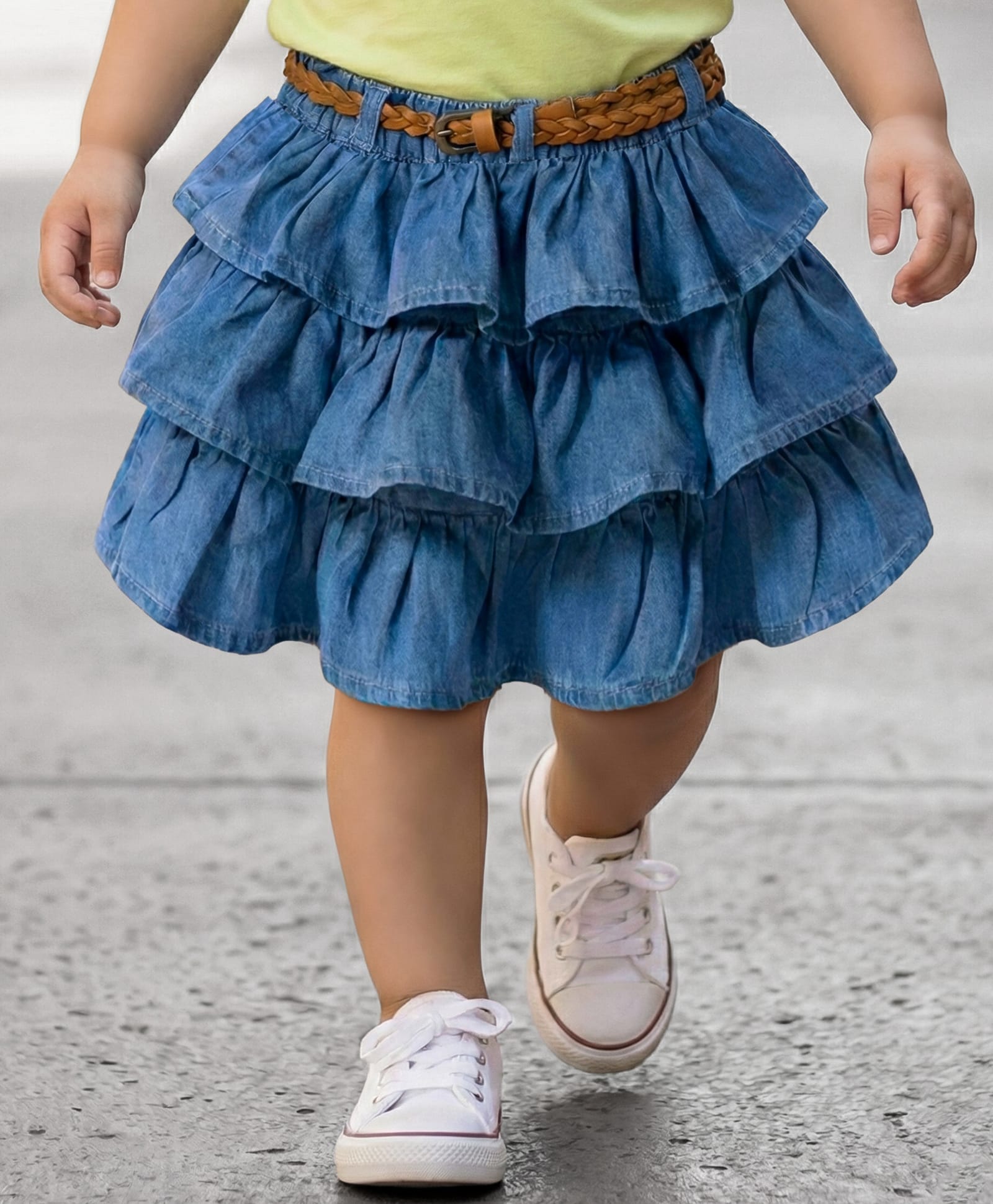 Babyhug Denim Cotton Mid Thigh Length Layered Solid Skirt with Belt - Blue-picture-16