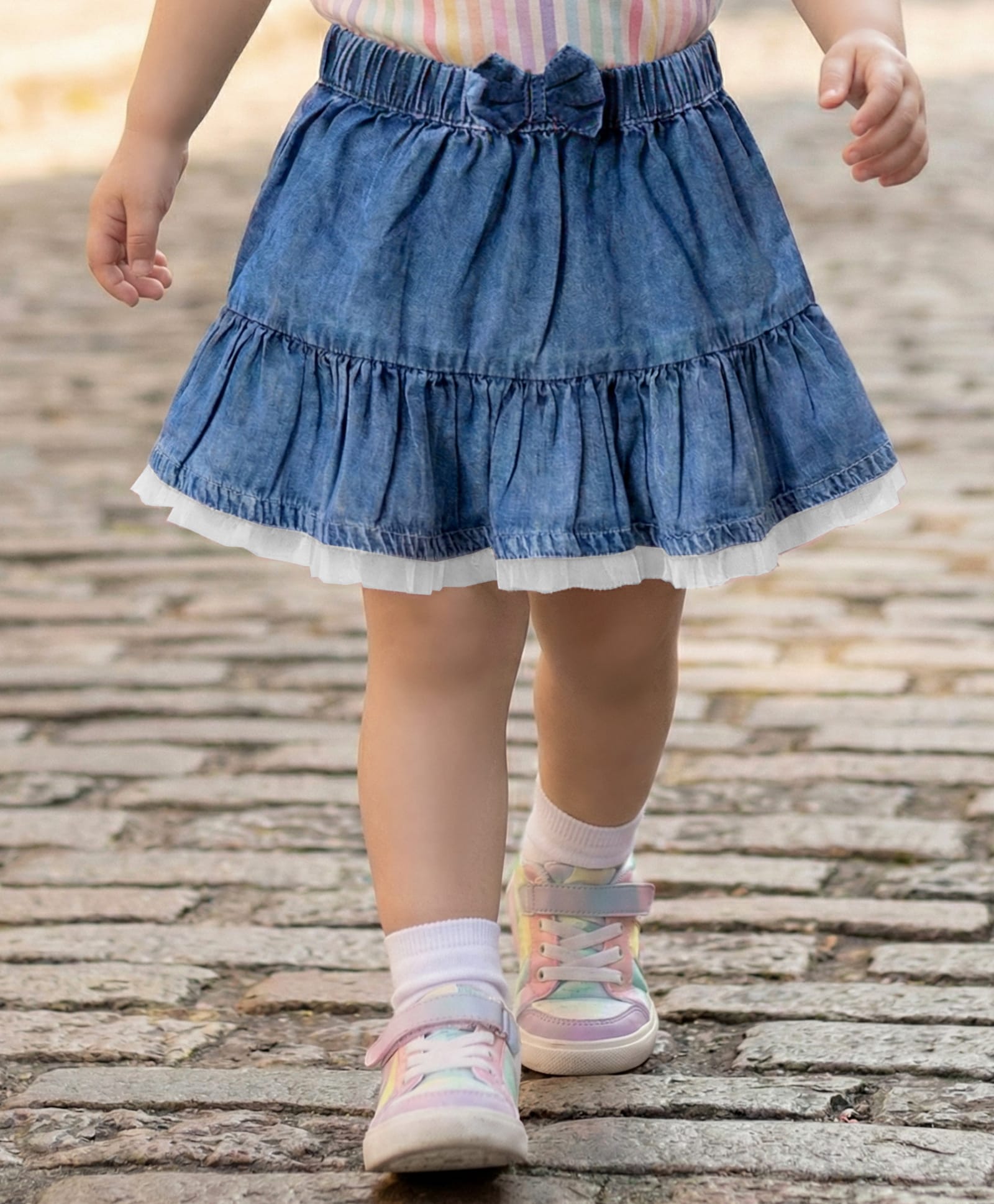 Babyhug Cotton Mid Thigh Length Tiered Denim Skirt with Bow Applique & Lace Detailing - Blue