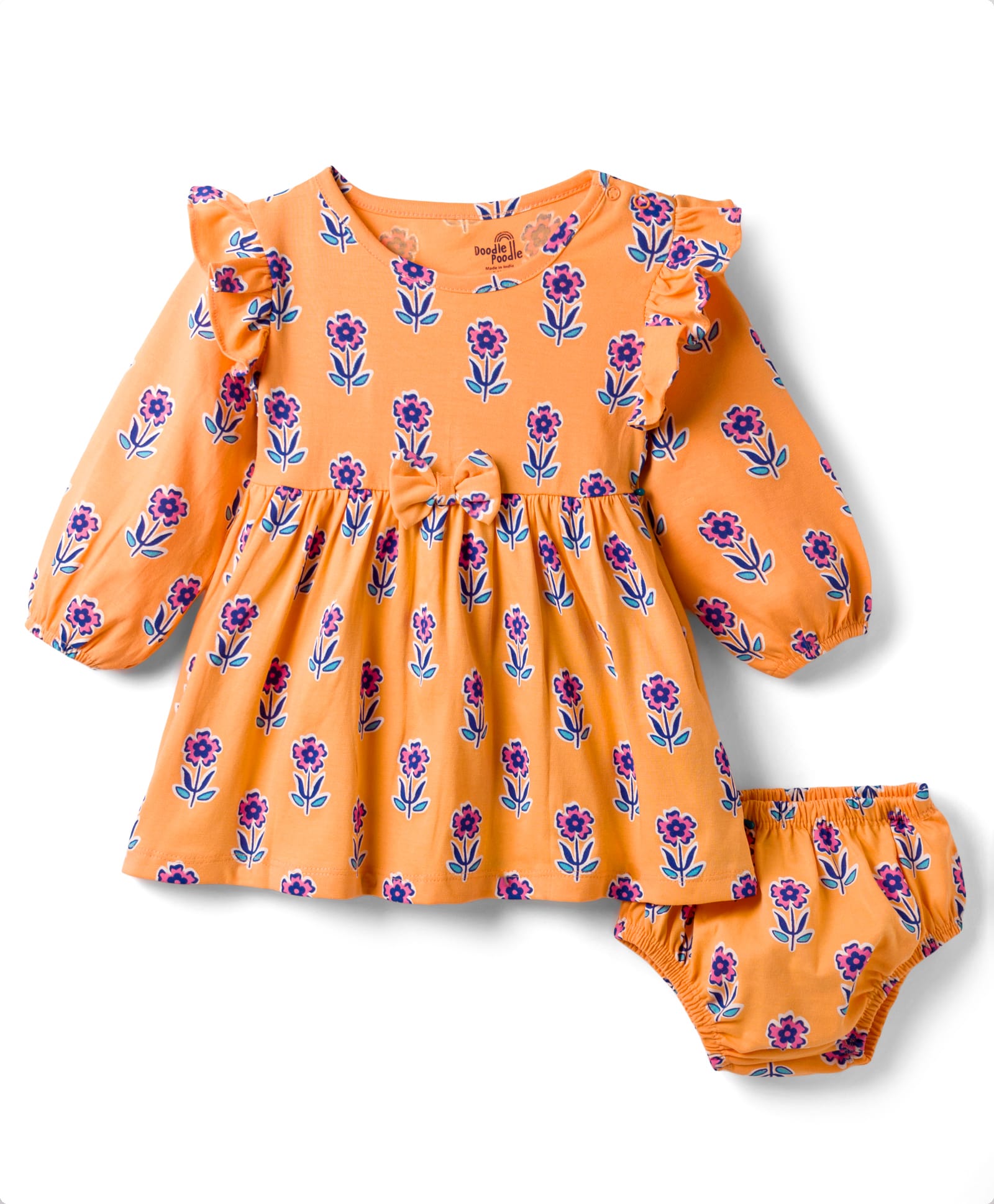 Doodle Poodle 100% Cotton Single Jersey Knit Full Sleeves Floral Printed Frock with Bloomer - Dark Peach-picture-20